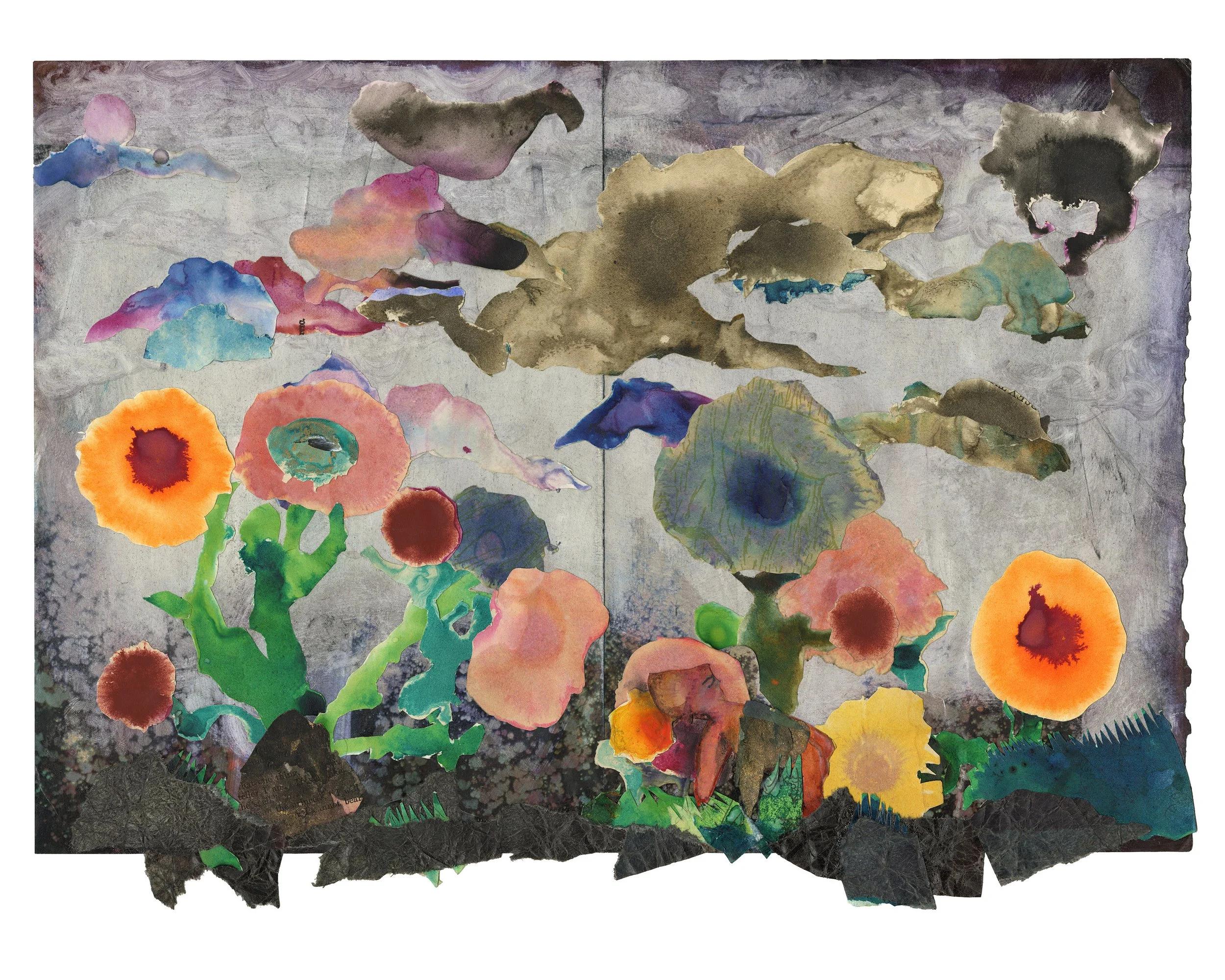 Beatrice Sadler 
Garden Dreams, 2025-2026 
25.25 x 31.24 in
Mixed media collage with hand-dyed paper, watercolor, ink, granulation medium, isopropyl alcohol, wintergreen oil, vintage printed matter, and found materials
$700