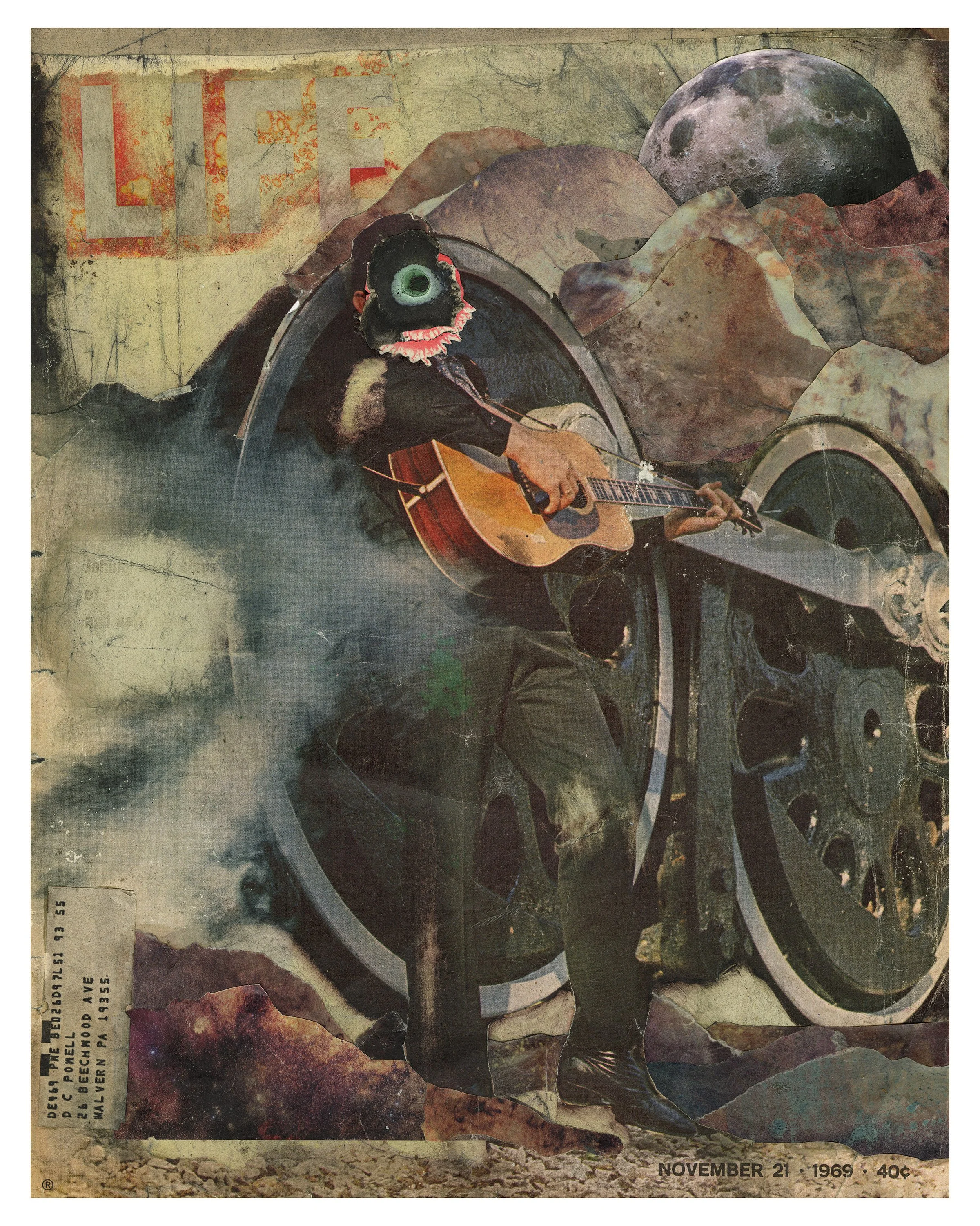 Beatrice Sadler 
Johnny Cash, 2023 
21.25 x 17.25 in 
Mixed media collage with hand-dyed paper, watercolor, ink, granulation medium, isopropyl alcohol, wintergreen oil, vintage printed matter, and found materials
$450