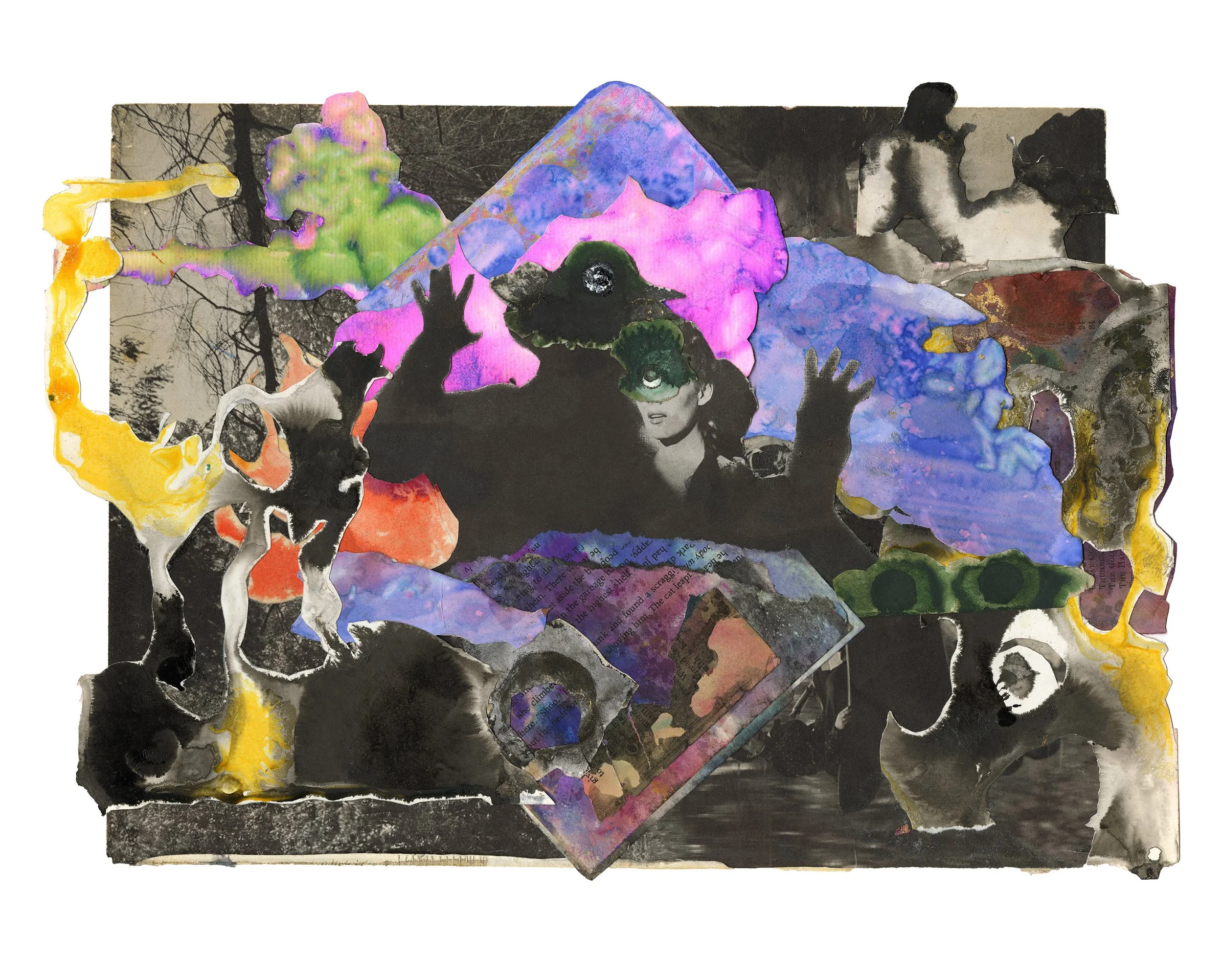 Beatrice Sadler 
Lost in the Woods, 2025-2026
25.25 x 31.25 in
Mixed media collage with hand-dyed paper, watercolor, ink, granulation medium, isopropyl alcohol, wintergreen oil, vintage printed matter, and found materials
$700