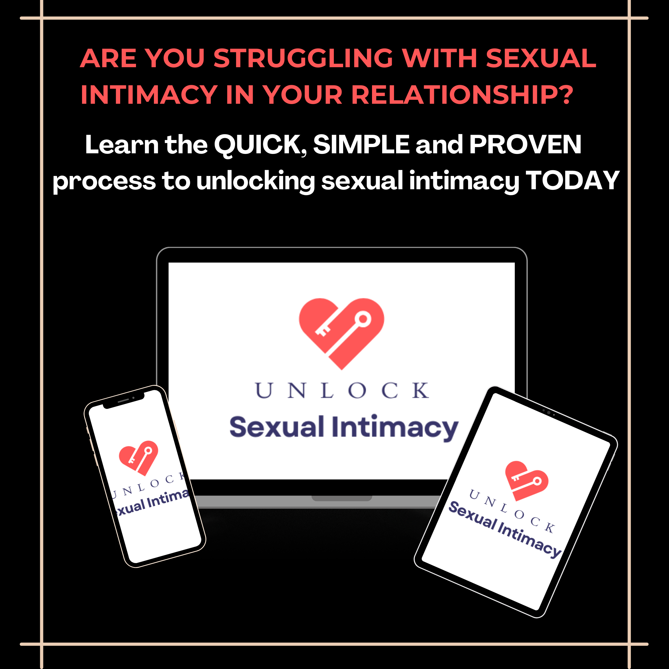 Advertisement for unlocking sexual intimacy, showing a laptop and two smartphones with the same logo and text, against a black background.