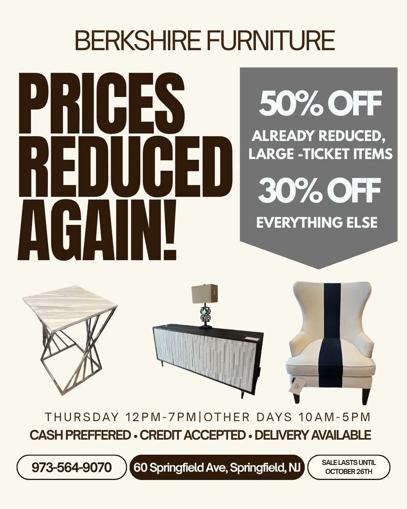 🚨Prices have been reduced AGAIN and everything must go! 🛋️

Take 50% OFF already reduced large-ticket items and 30% OFF everything else in-store.

⏰ Doors close after this Sunday, October 26th &mdash; don&rsquo;t miss out!

📍60 Springfield Ave, Sp