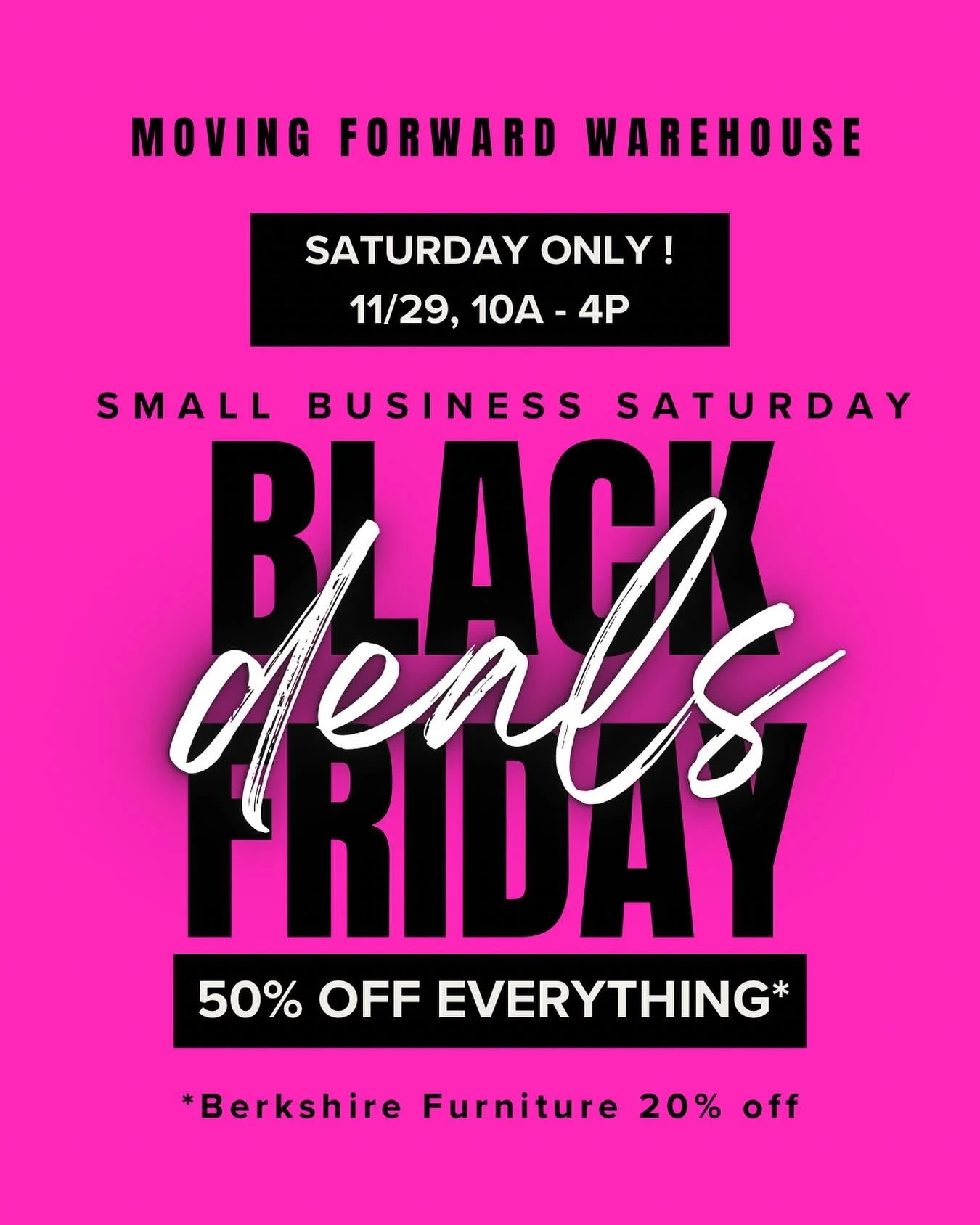 Small Business Saturday!&mdash; the deals go crazy.

50% OFF EVERYTHING + Berkshire 20% OFF.

Shop small, save BIG at MFW. 🖤💖

📍244 Sheffield Street, Mountainside, NJ 07092
🗓️Saturday, 11/29 10a-4p
📞908-514-9657

#movingforwardwarehouse #nonprof