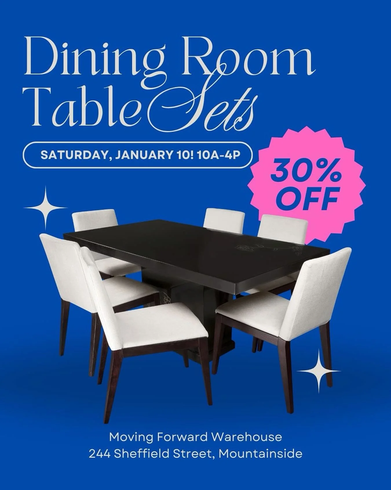 Gather around something special 🍽️💙

This Saturday, January 10 | 10AM&ndash;4PM, stop by Moving Forward Warehouse and enjoy 30% OFF our dining room table sets. 

Whether it&rsquo;s family dinners or hosting friends, find the perfect table to make m