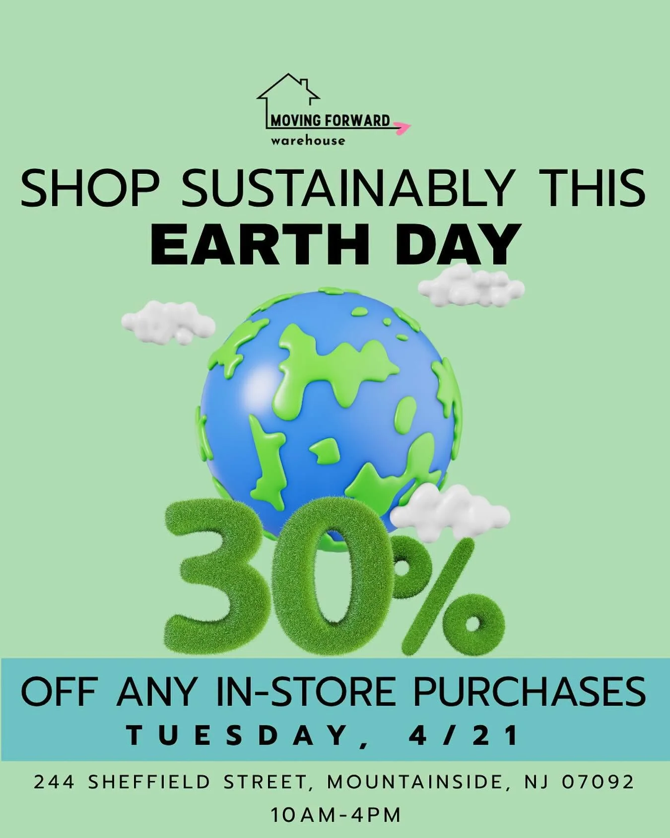 Celebrate Earth Day the sustainable way 🌍♻️ 

Enjoy 30% OFF all in-store finds and shop with purpose! 🛍️💚

📍244 Sheffield Street, Mountainside, NJ 07092
🕕Tuesday 10a-4p|Thursday 12p-7p|Saturday 10a-4p
📞908-514-9657

#movingforwardwarehouse #non