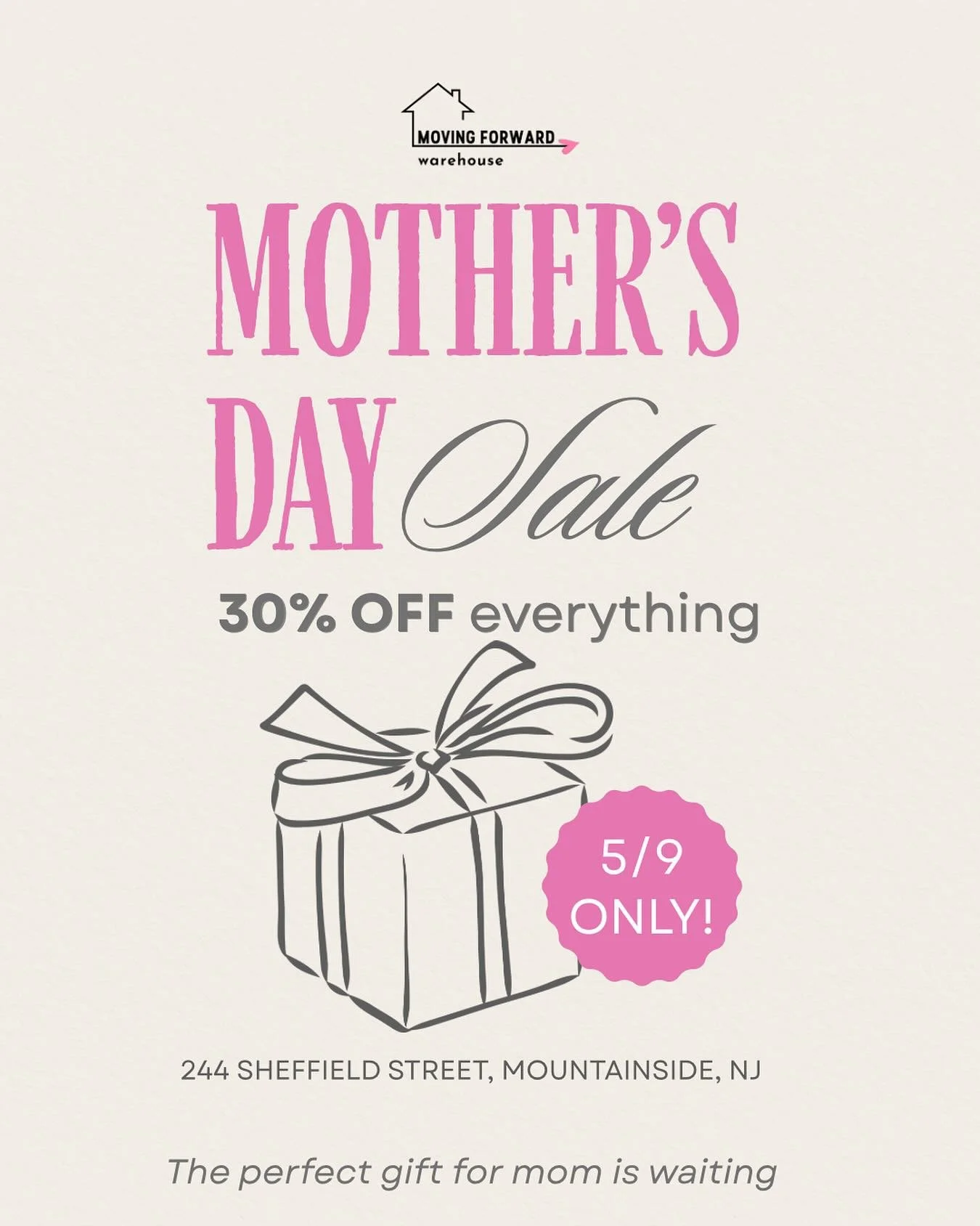 We love our mothers💖🌸

Stop in tomorrow, 5/9 from 10am-4pm to get 30% OFF EVERYTHING at the warehouse‼️‼️

Find the perfect gift for mom😊

📍244 Sheffield Street, Mountainside, NJ 07092
🕕Tuesday 10a-4p|Thursday 12p-7p|Saturday 10a-4p
📞908-514-96