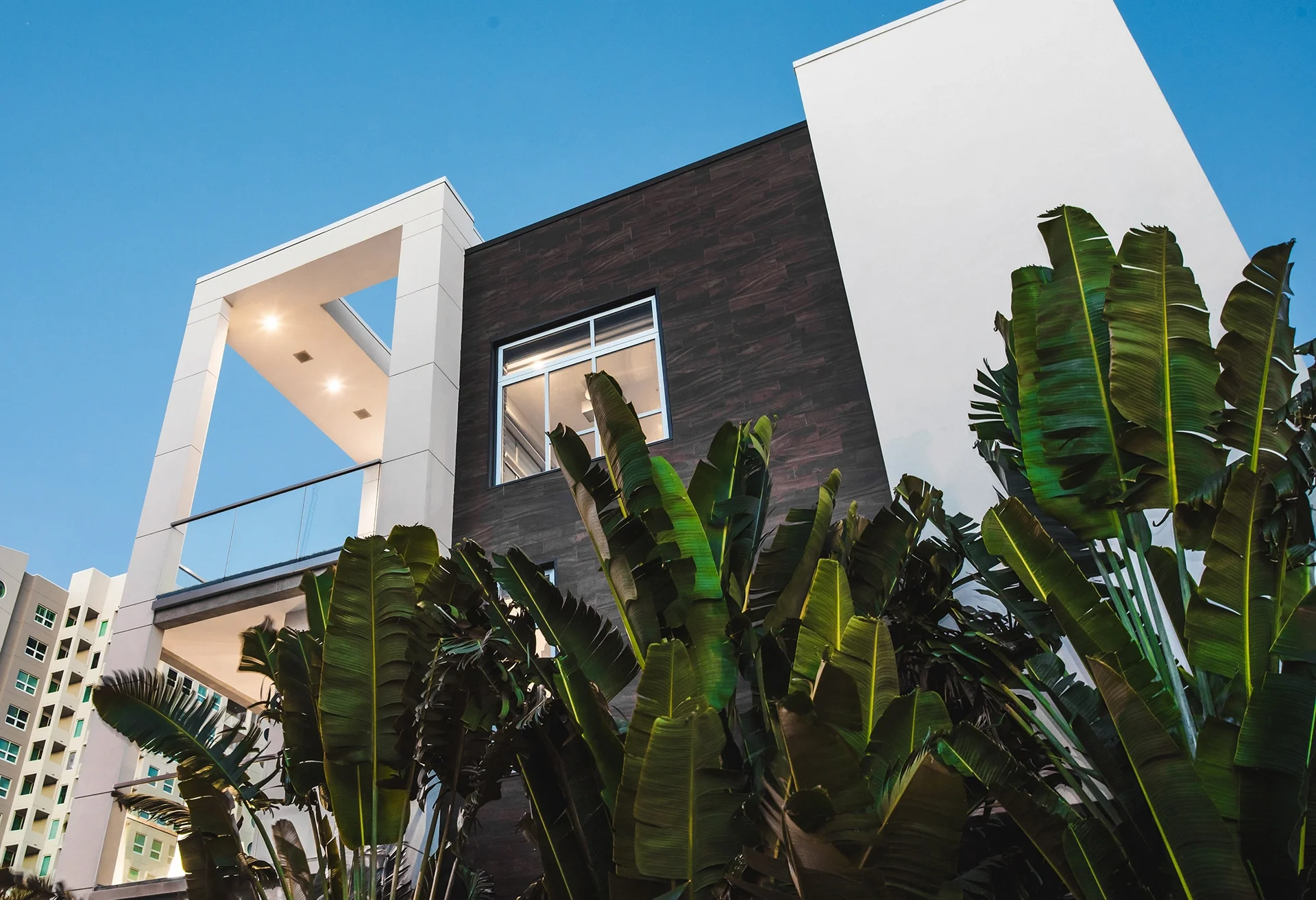 Modern residential building with black and white exterior, large window, balcony, and lush green plants in the foreground under a clear blue sky.