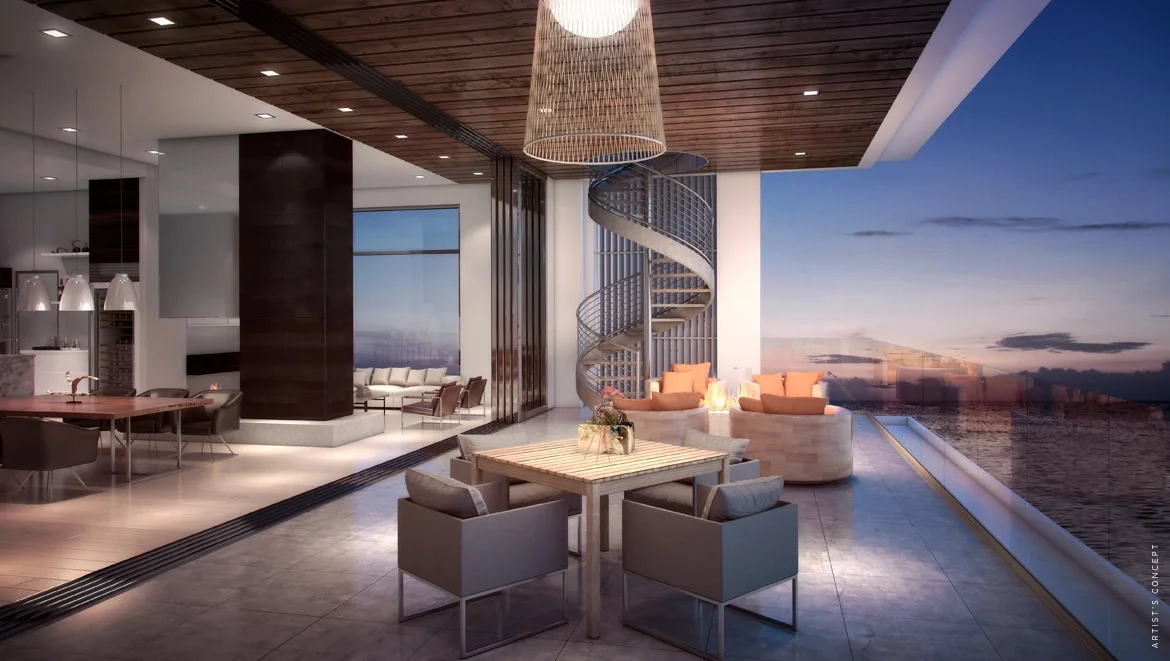 Modern living room with ocean view, spiral staircase, dining area, and lounge chairs.