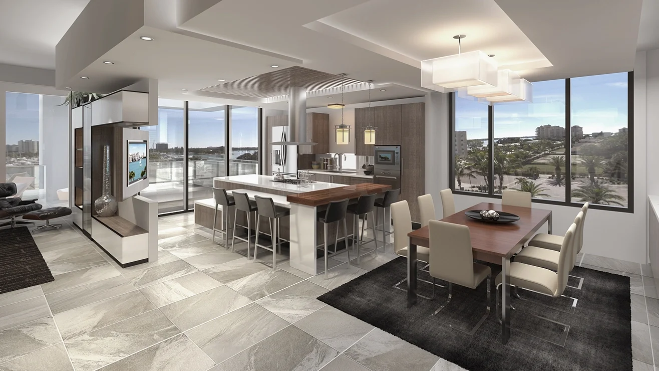 Modern open-concept kitchen and dining area with large windows showing a view of Sarasota Bay, featuring a kitchen island with bar stools and modern dining furniture