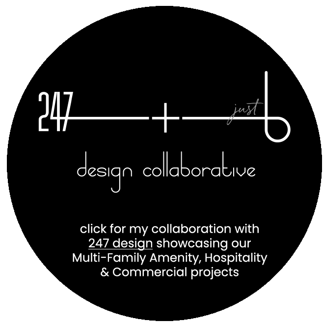 Black background with white text promoting a collaboration with 247 design, highlighting multi-family amenities, hospitality, and commercial projects.