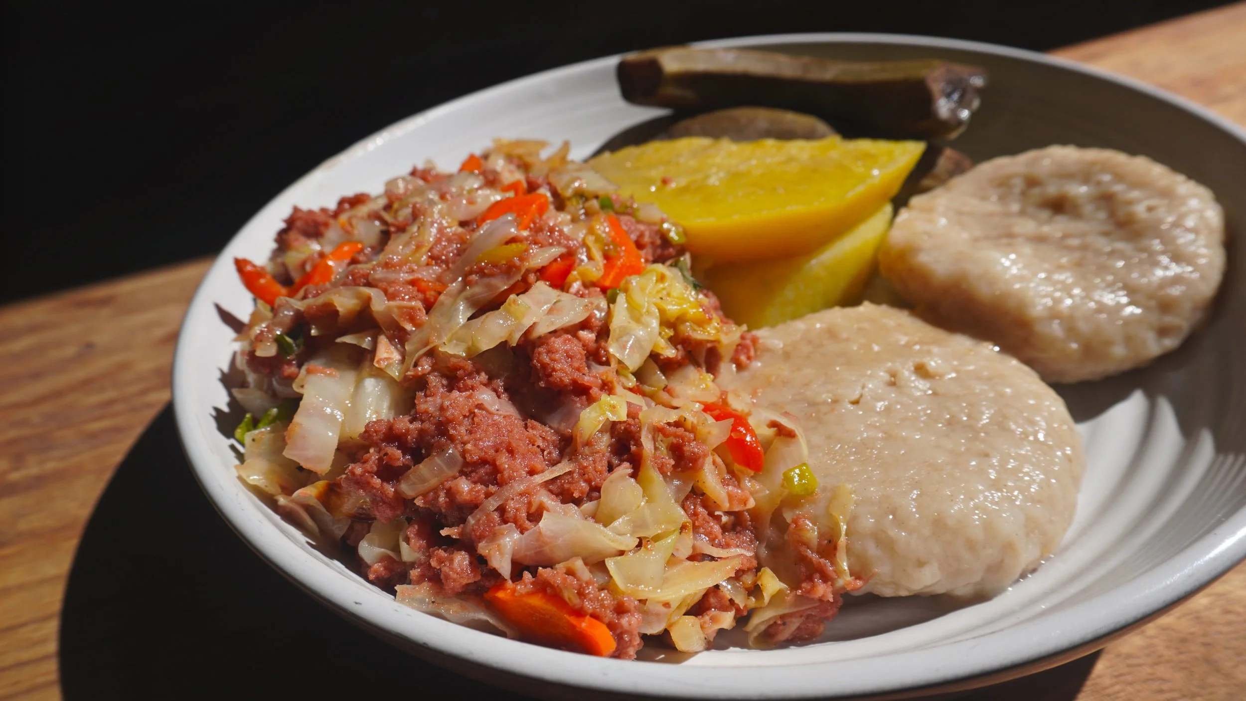 Corn Beef and Cabbage with Boiled Yam, Dumpling and Green Banana