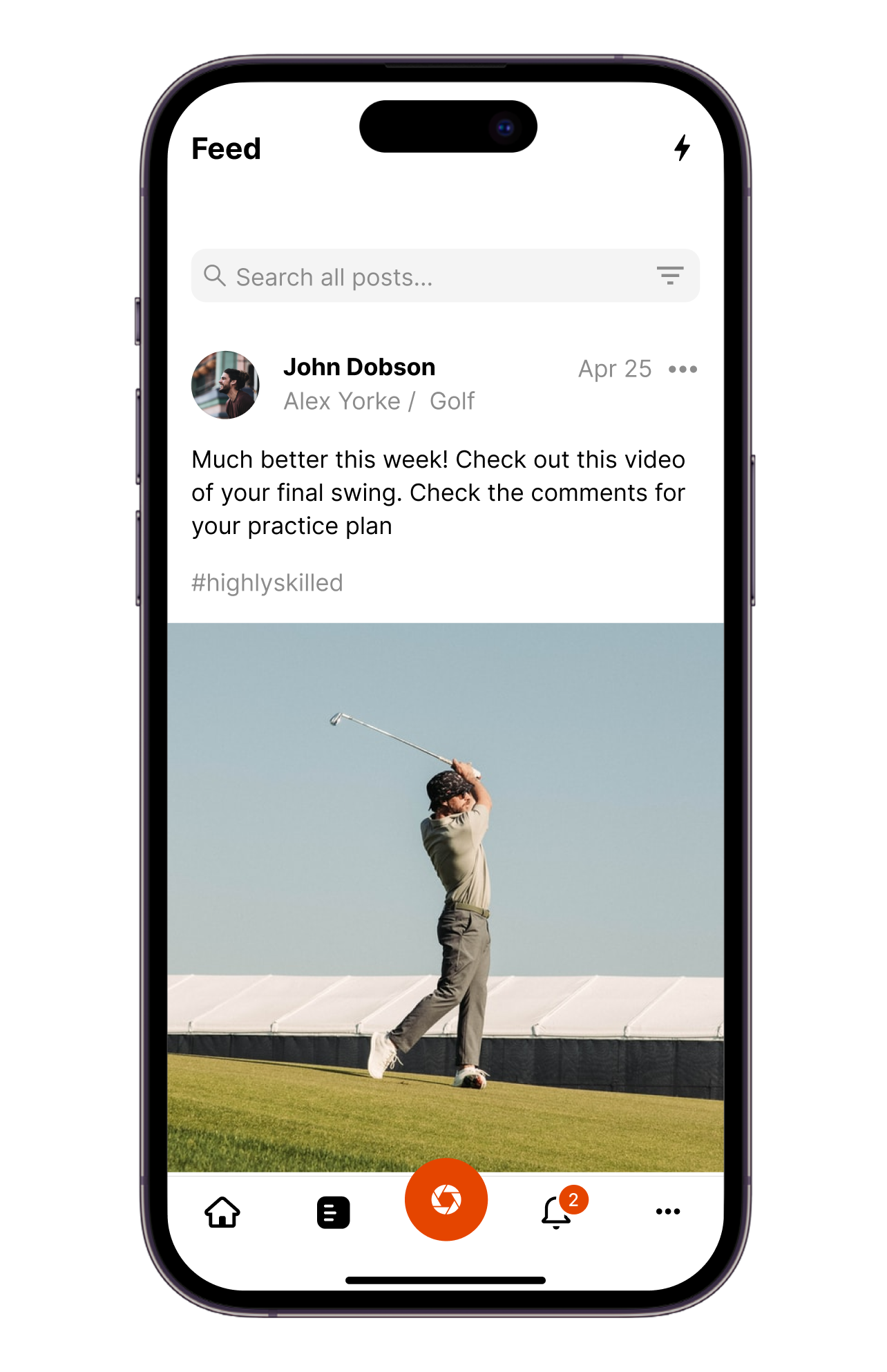 Smartphone screen displaying a golf video post in a social media app. The video shows a man swinging a golf club on a golf course under a clear sky.