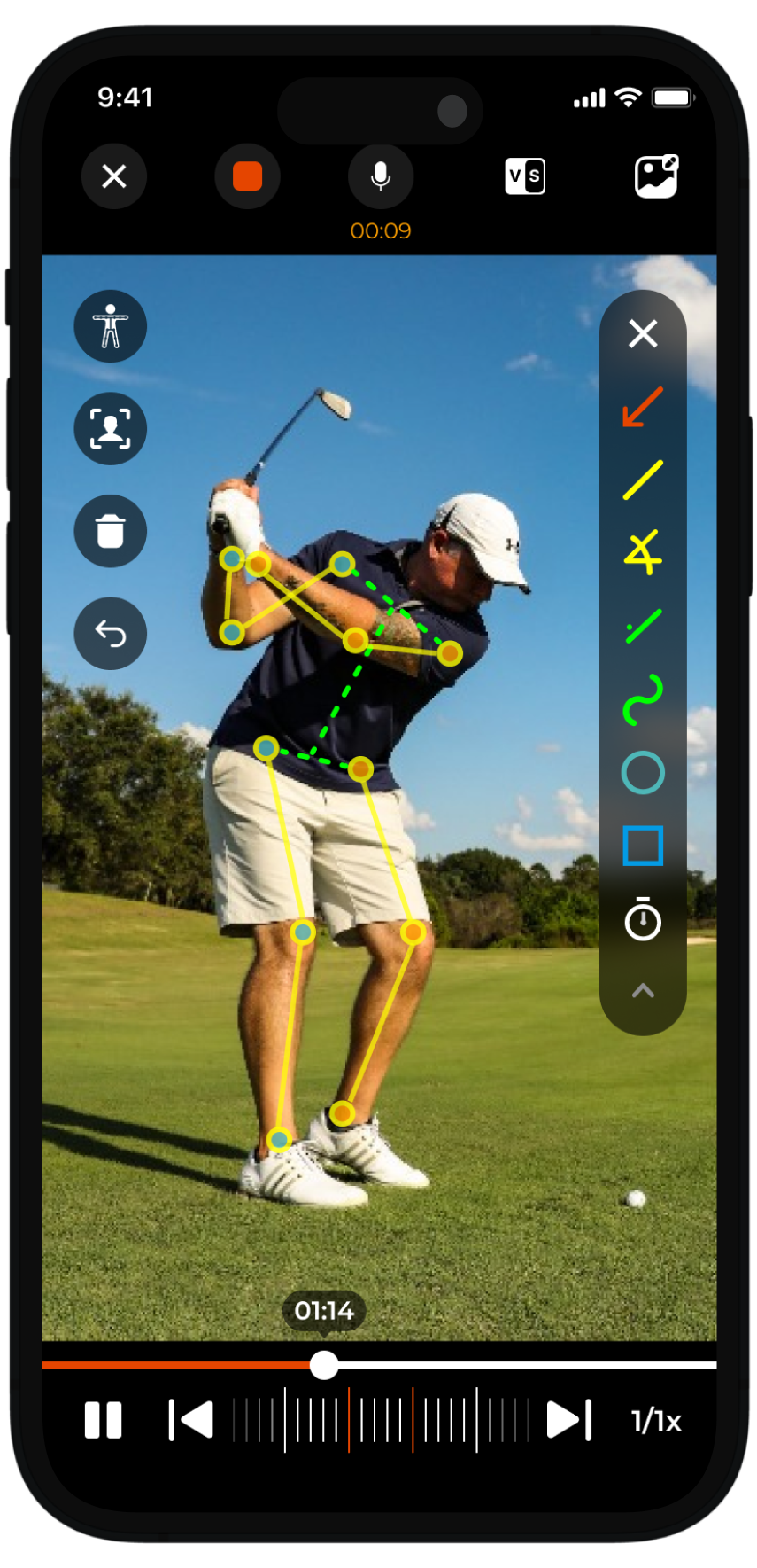 A man playing golf, mid-swing on a golf course, with various pose analysis points marked on his body for motion study.