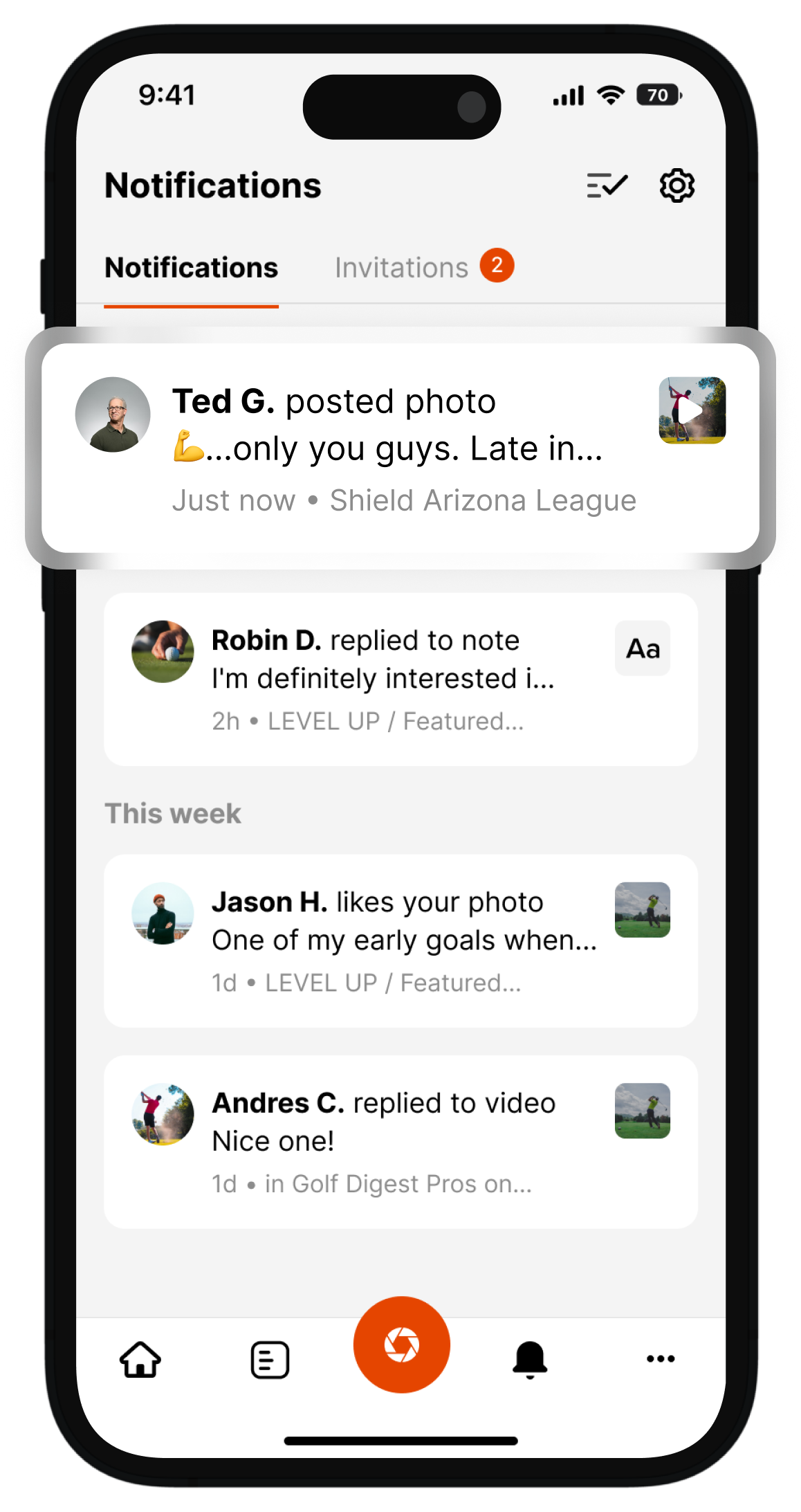 The image depicts a smartphone screen showing a social media app notifications tab. The top notification is from Ted G. posting a photo. Other notifications include responses and interactions from Robin D., Jason H., and Andres C., related to sports and golf activities.