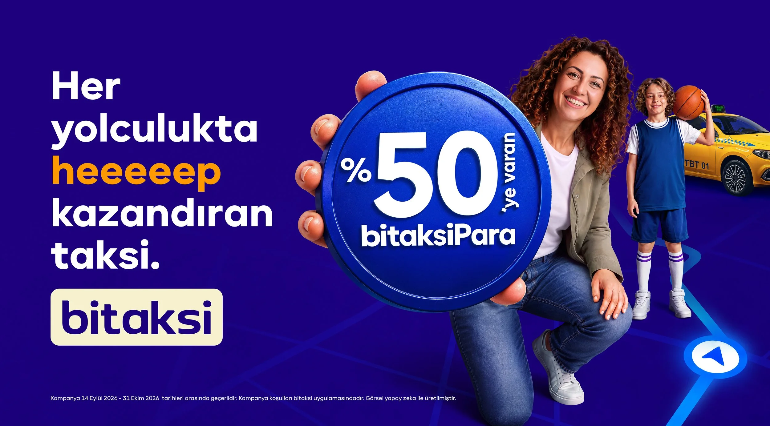 BiTaksi campaign visual with a woman, a child and a yellow taxi promoting 50% cashback.