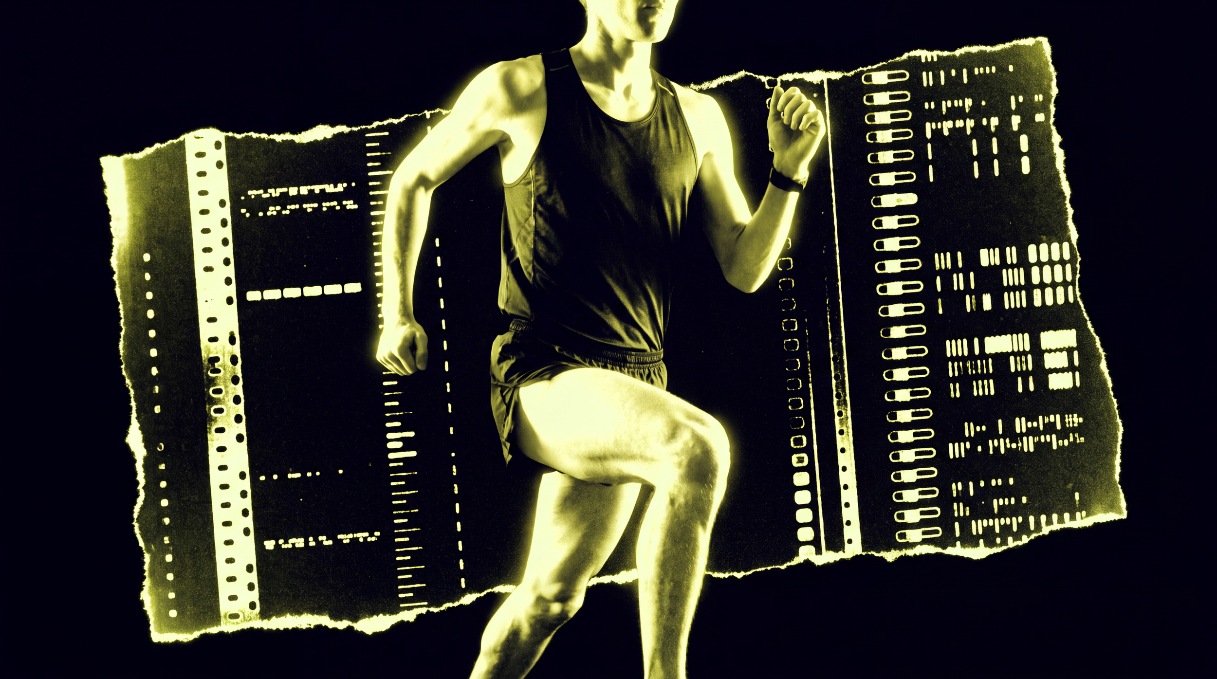 A person jogging in athletic gear on a treadmill, with a film strip overlay effect.
