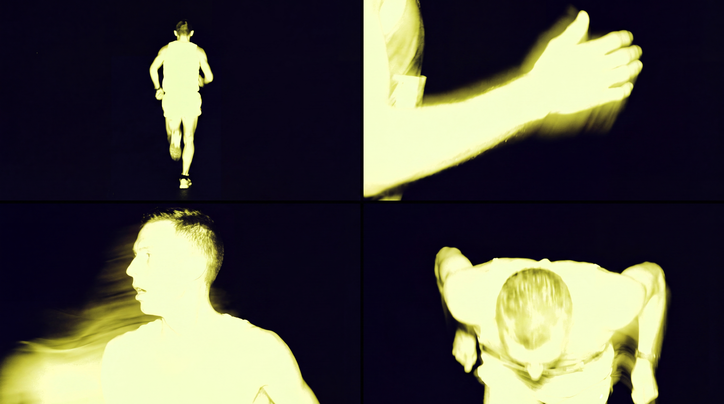 Multiple images with a yellow hue depicting a man running, a close-up of a hand, a side profile of a man with short hair, and a mask-like face with hollow eyes.