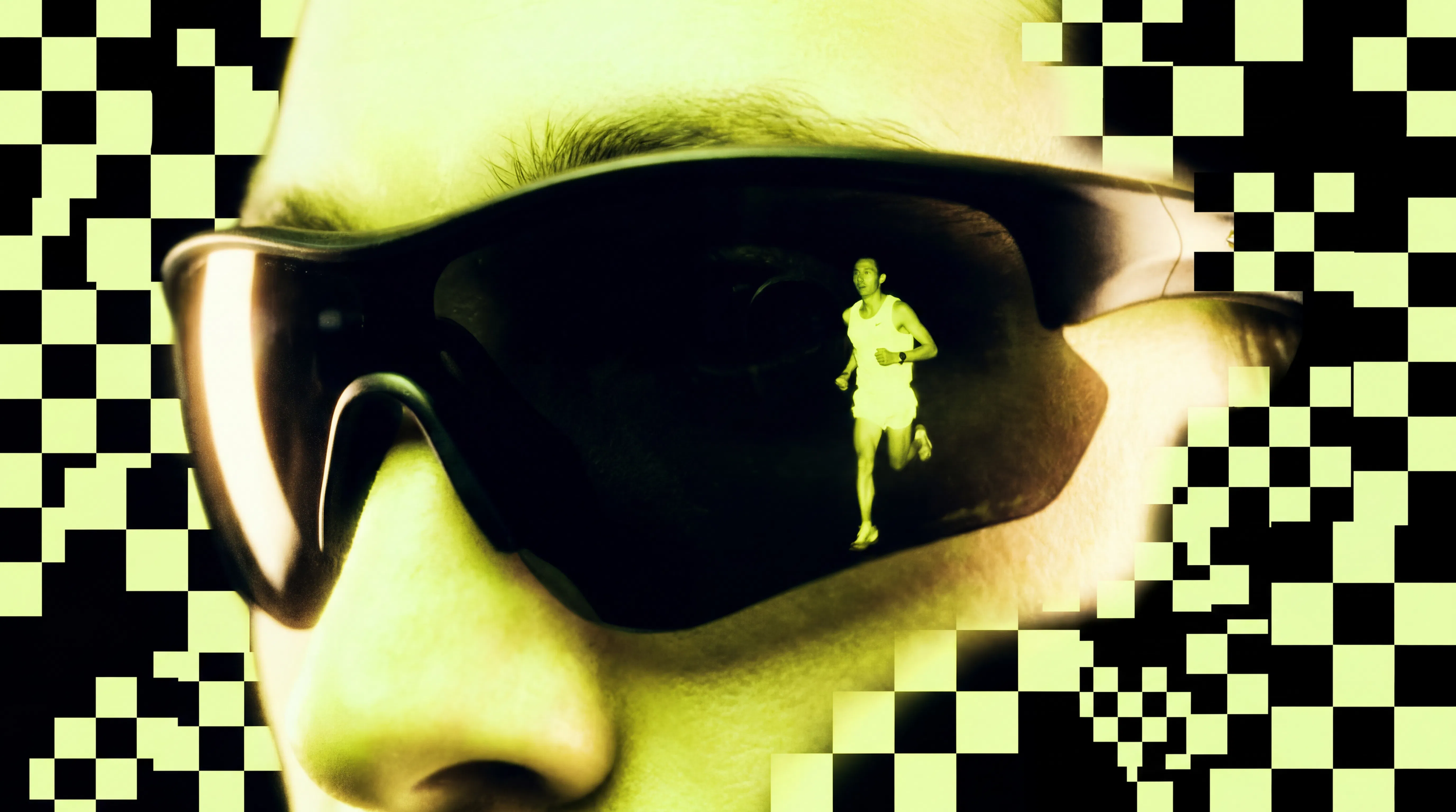 A collage featuring a person's face wearing sunglasses, with a running person reflected in the sunglasses. The collage has a digital, pixelated design with black and yellow checkered patterns.