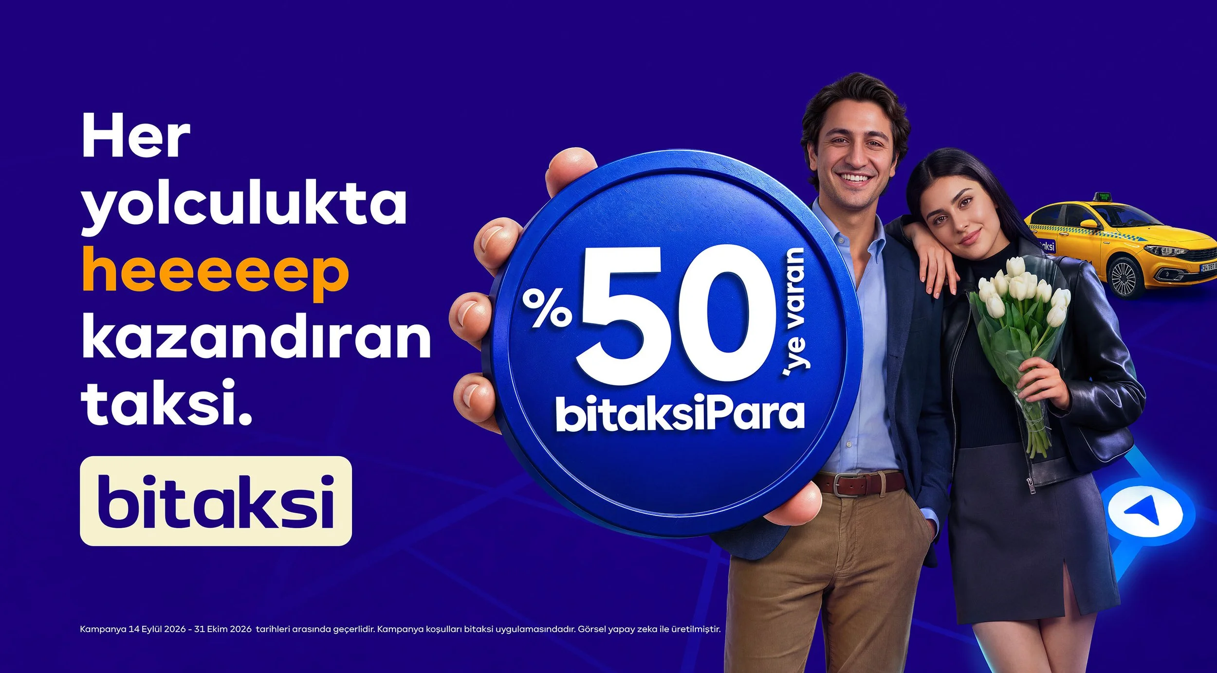 Couple with white tulips, a blue 50% token and a yellow taxi in a BiTaksi cashback campaign visual.