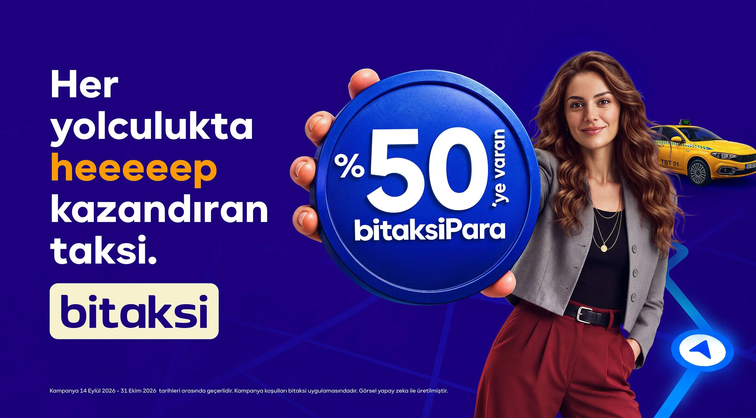 Woman beside a yellow taxi holding a blue 50% token in a BiTaksi cashback campaign visual.