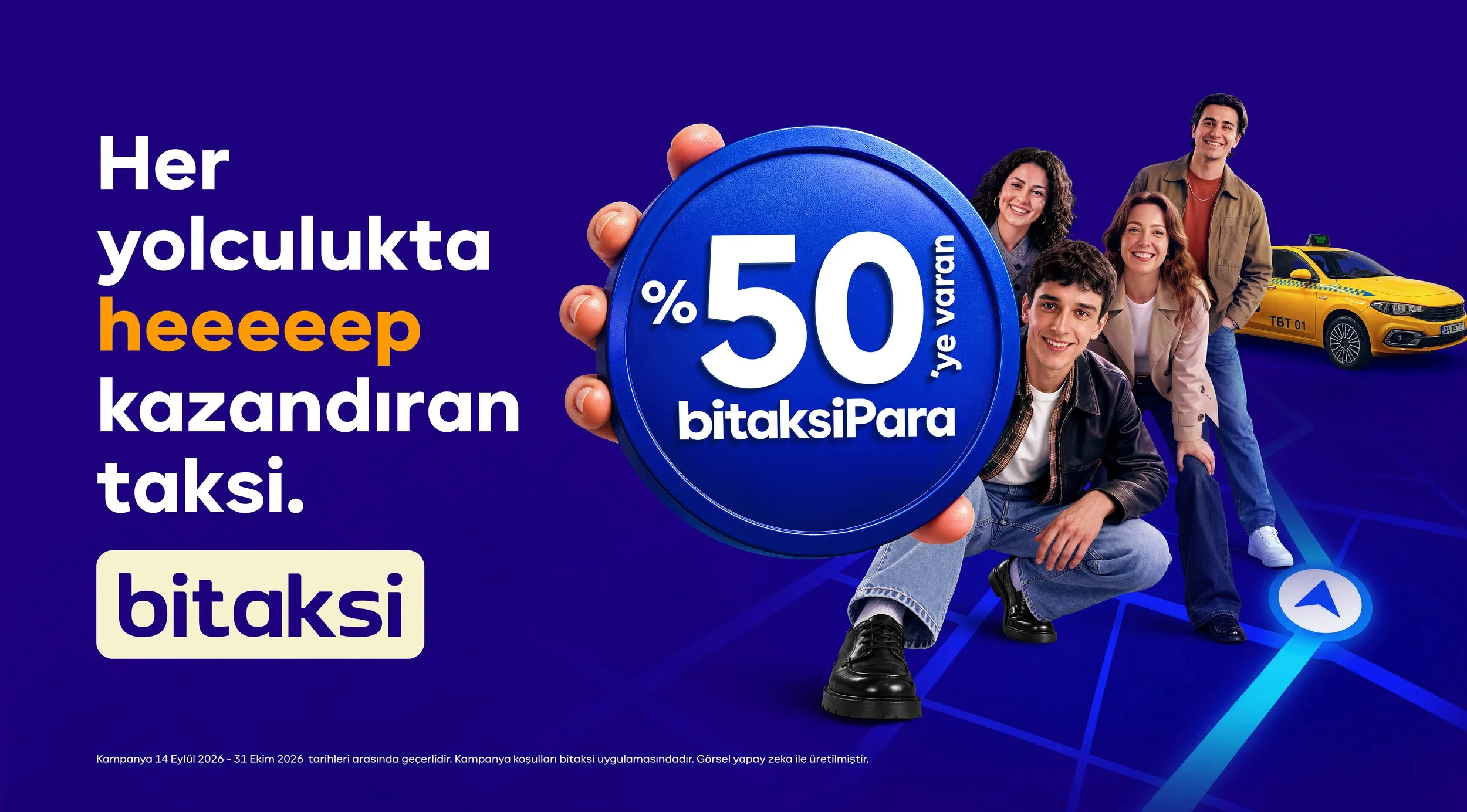 Group of smiling people in a blue BiTaksi campaign visual promoting 50% cashback.