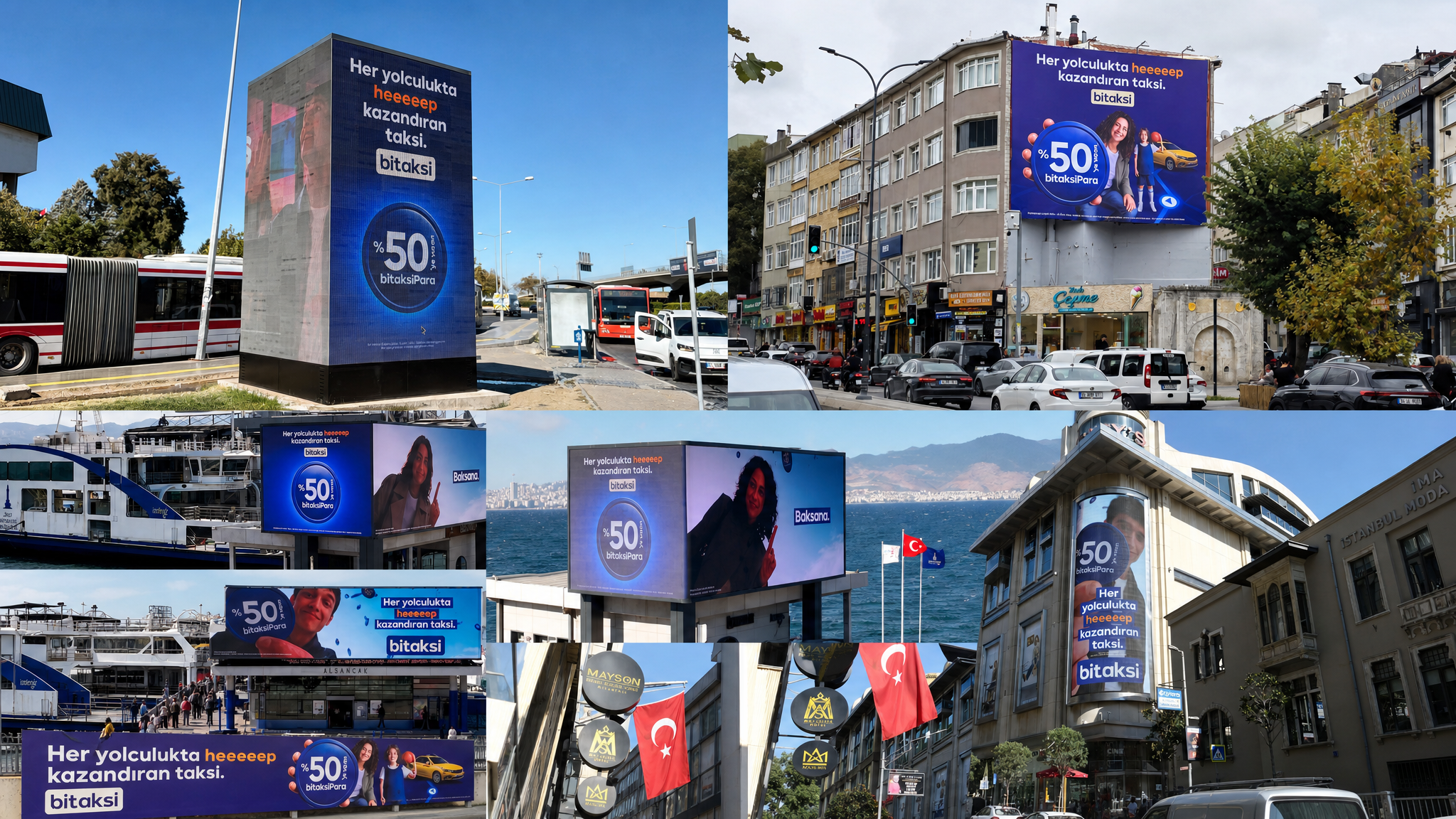 BiTaksi campaign displayed on outdoor advertising placements across the city.