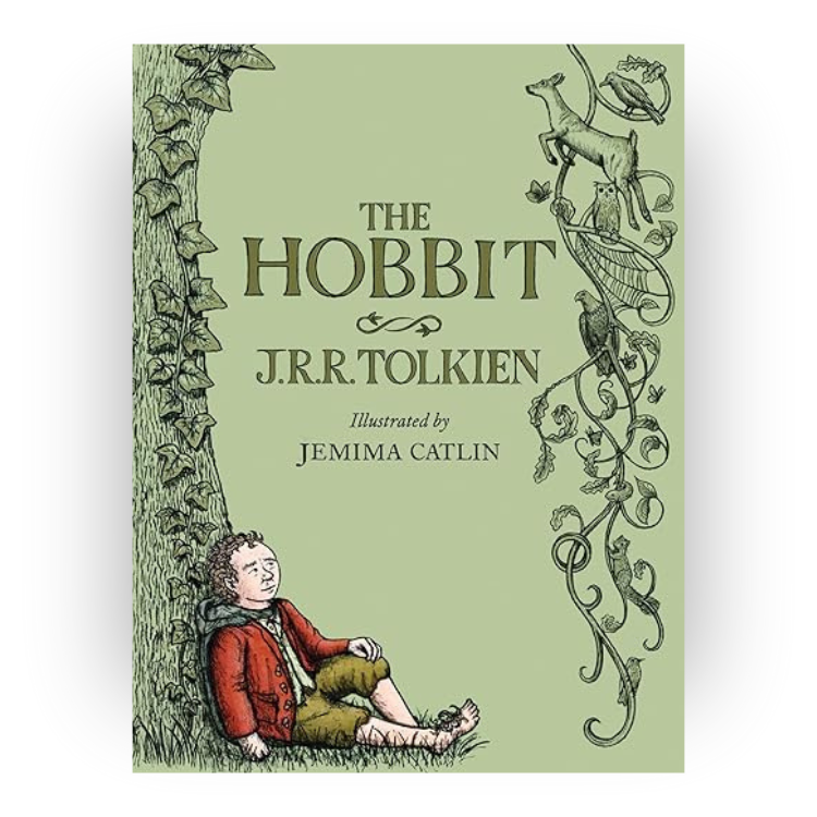 Book cover of J.R.R. Tolkien's 'The Hobbit,' illustrated by Jemima Catlin, featuring a boy sitting under a tree with a vine and various forest animals on the right.