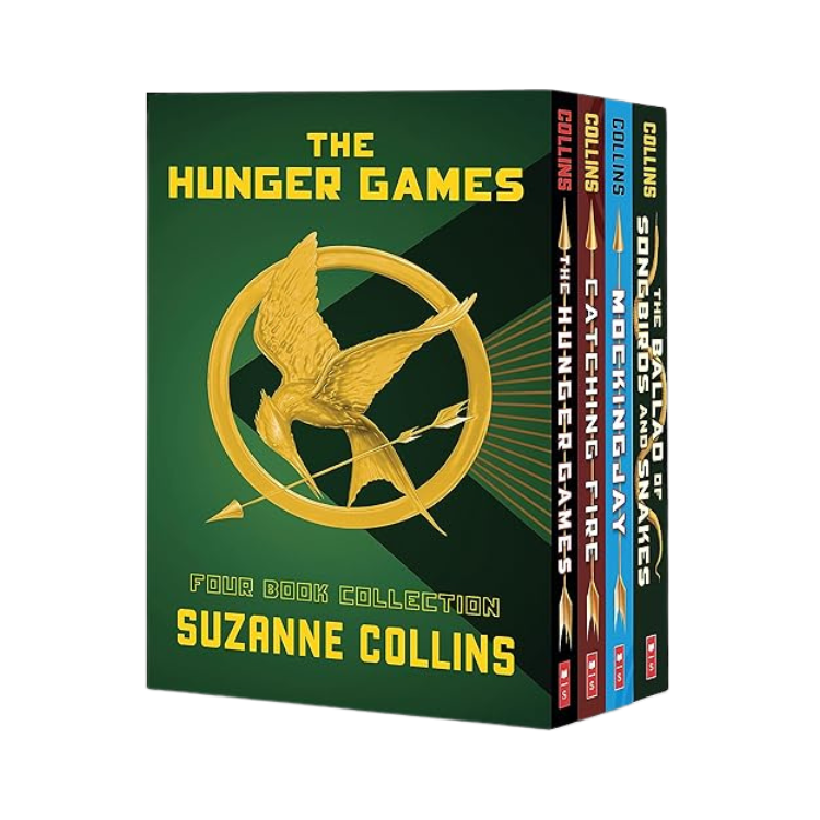 Book box set of Suzanne Collins' four books from The Hunger Games series with green cover and a golden mockingjay logo on the front.