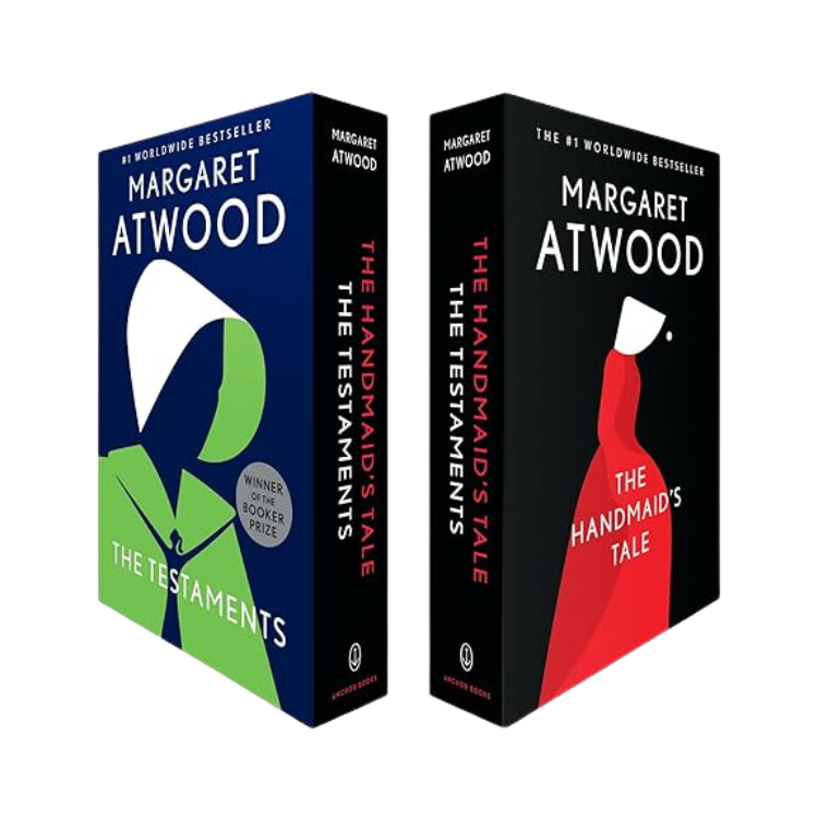 Two paperback books by Margaret Atwood, titled 'The Handmaid's Tale' with a red cover and an illustration of a woman in a red dress, and 'The Testaments' with a blue cover and an illustration of a woman in a hoodie, standing side by side.