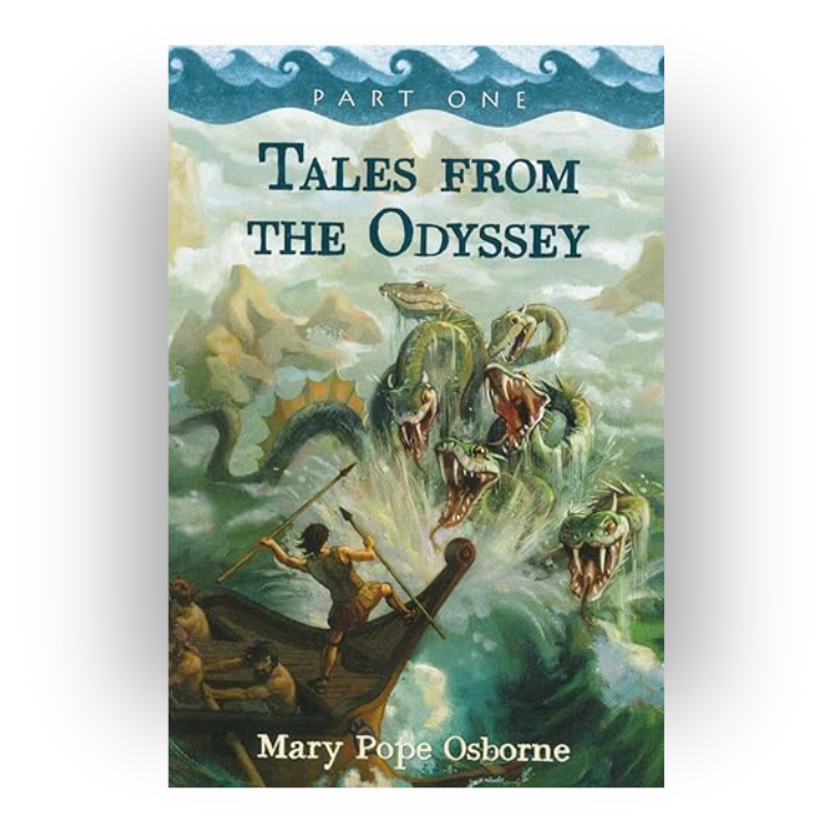 Cover of the book "Tales from the Odyssey" by Mary Pope Osborne, featuring a boat with explorers battling multiple sea monsters with serpentine bodies and fierce heads with sharp teeth, set against a turbulent sea and stormy sky.