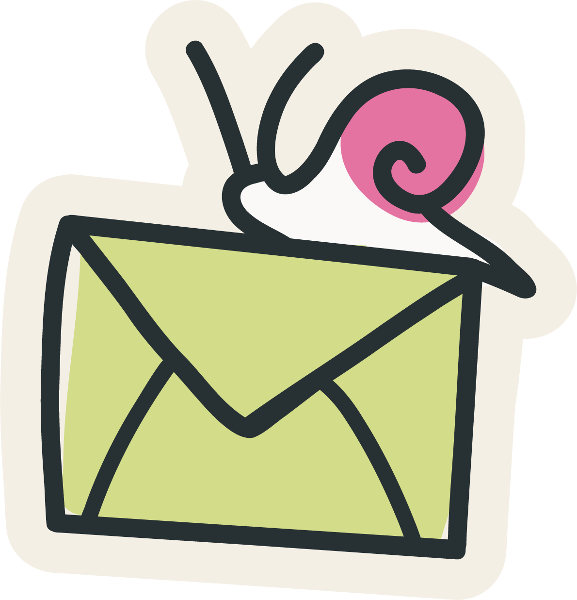 A stylized hand-drawn green envelope with a pink and white snail crawling across the top.