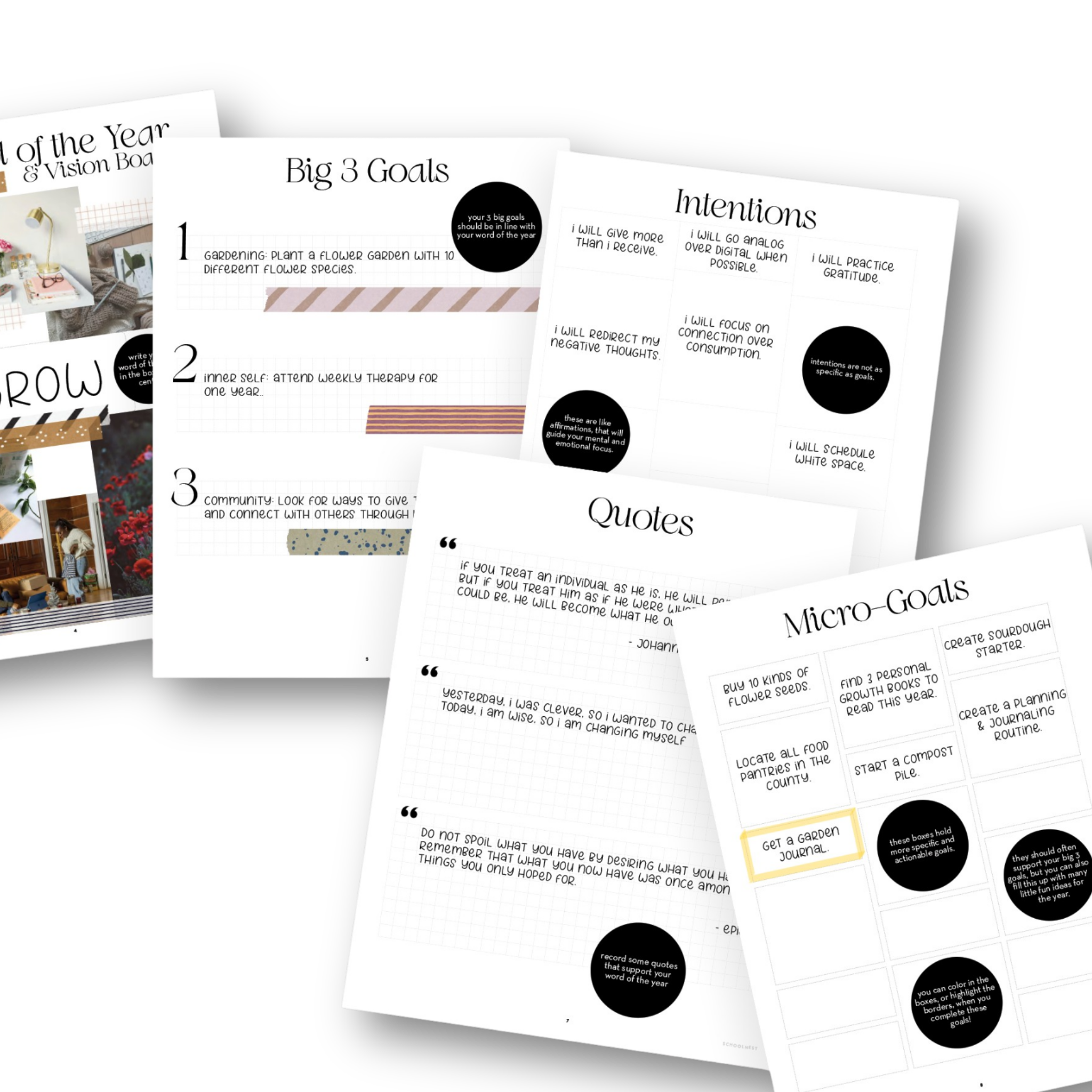 printable journal sheets fanned out with journaling examples written on them