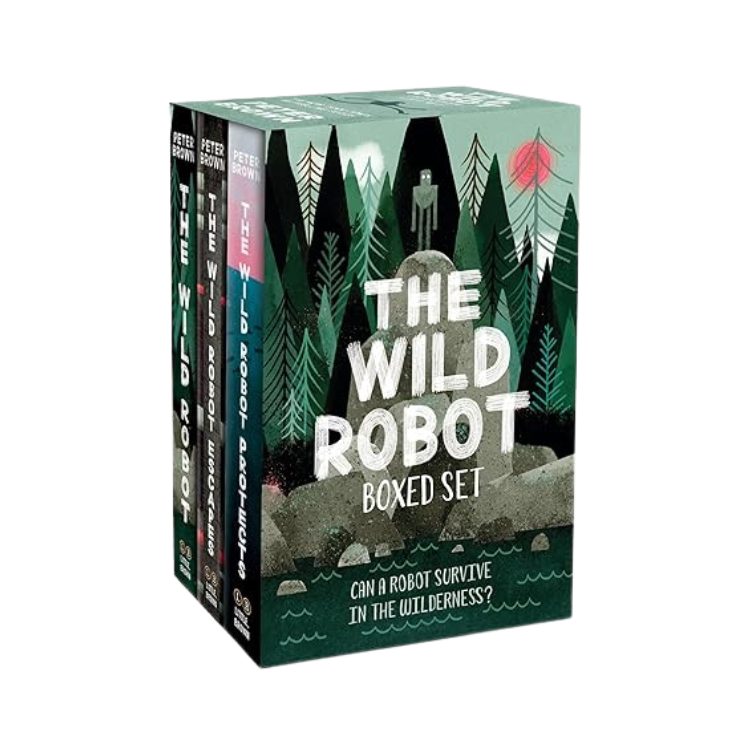 Boxed set of books titled "The Wild Robot" by Peter Brown, featuring cover art of a forest with trees, rocks, a river, and a robot figure in a wilderness scene.
