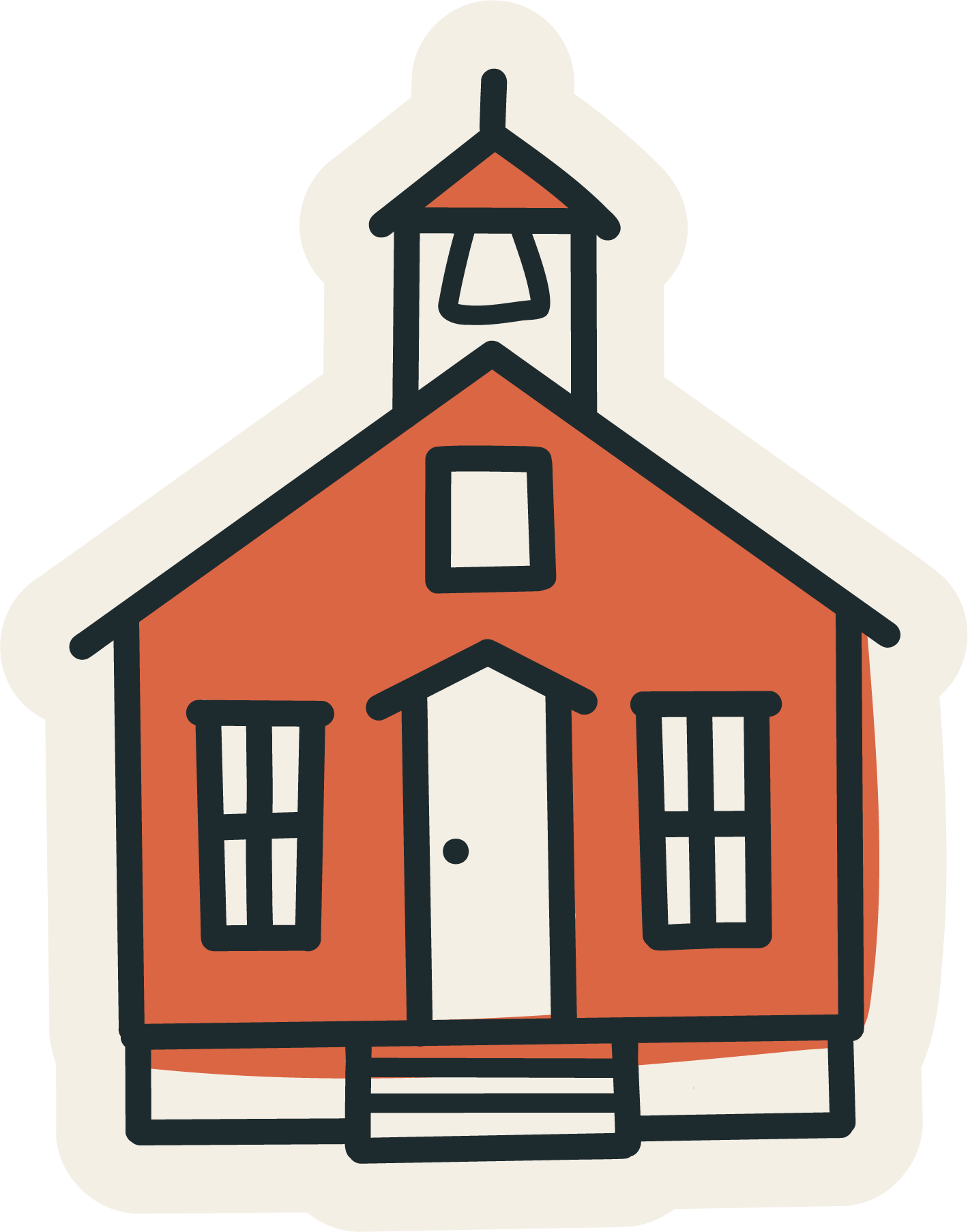 Illustration of an orange red one room style schoolhouse.