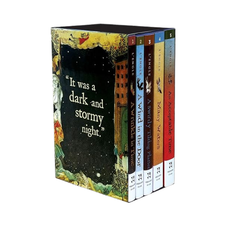A box set of five paperback books for children by L. M. Montgomery, each with colorful illustrated covers, standing upright. The titles include "Anne of Green Gables," "A Wrinkle in Time," "A Sw army of Flies," "Murry W ate ers," and "An Accessible Time." The box features a dark illustration with a quote: "It was a dark and stormy night."