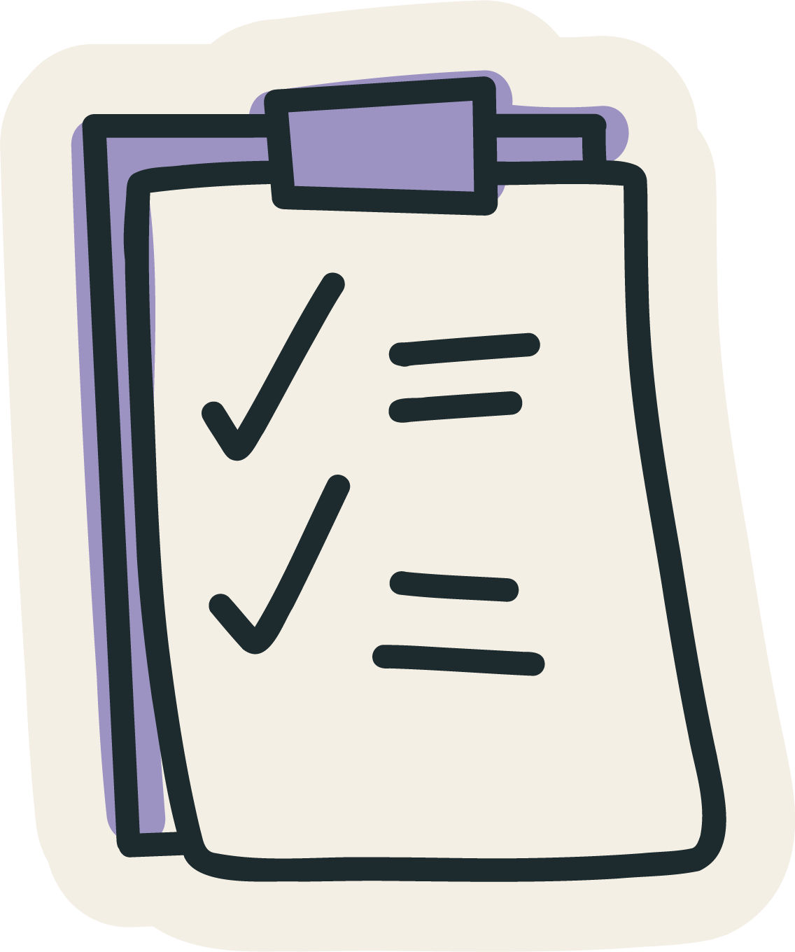 Stylized illustration of a purple clipboard with a paper clipped to it with checked items.