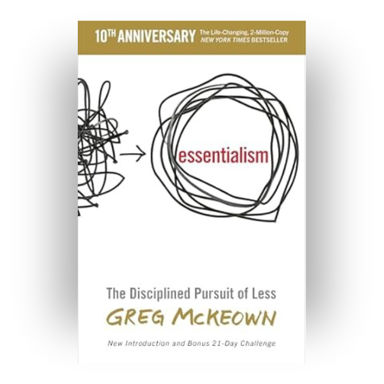 Book cover celebrating 10th anniversary of 'Essentialism' by Greg McKeown, featuring a black scribble on the left and a larger black scribble on the right with the word 'essentialism' in red.