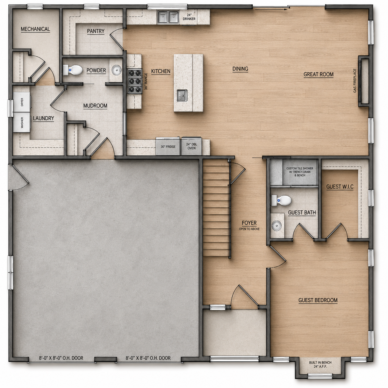 Floor plan of a house showing a garage, laundry room, mudroom, pantry, kitchen with island, dining and great room with fireplace, foyer, guest bedroom with attached bathroom and walk-in closet, staircase, and mechanical room.