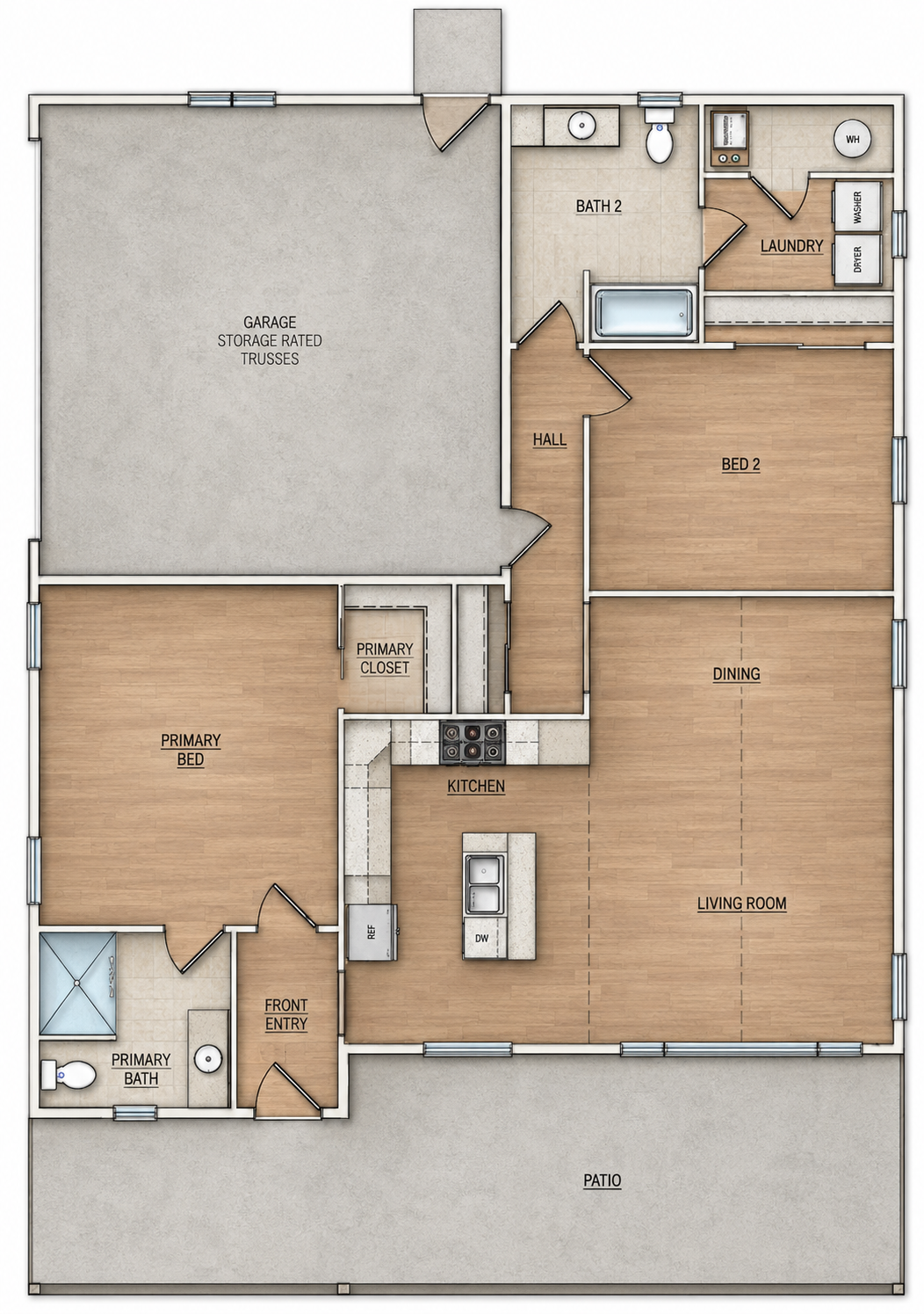 A floor plan of a house showing a garage, primary bedroom with attached bath, kitchen, living room, dining area, bedroom 2, bathroom 2, laundry room, and outdoor patio.