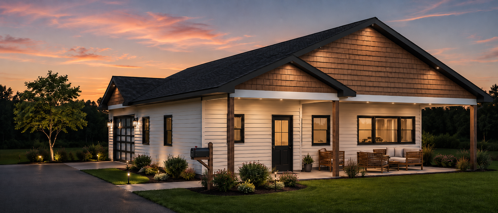 A modern house during sunset with a driveway, front porch, outdoor seating, and landscaped yard.