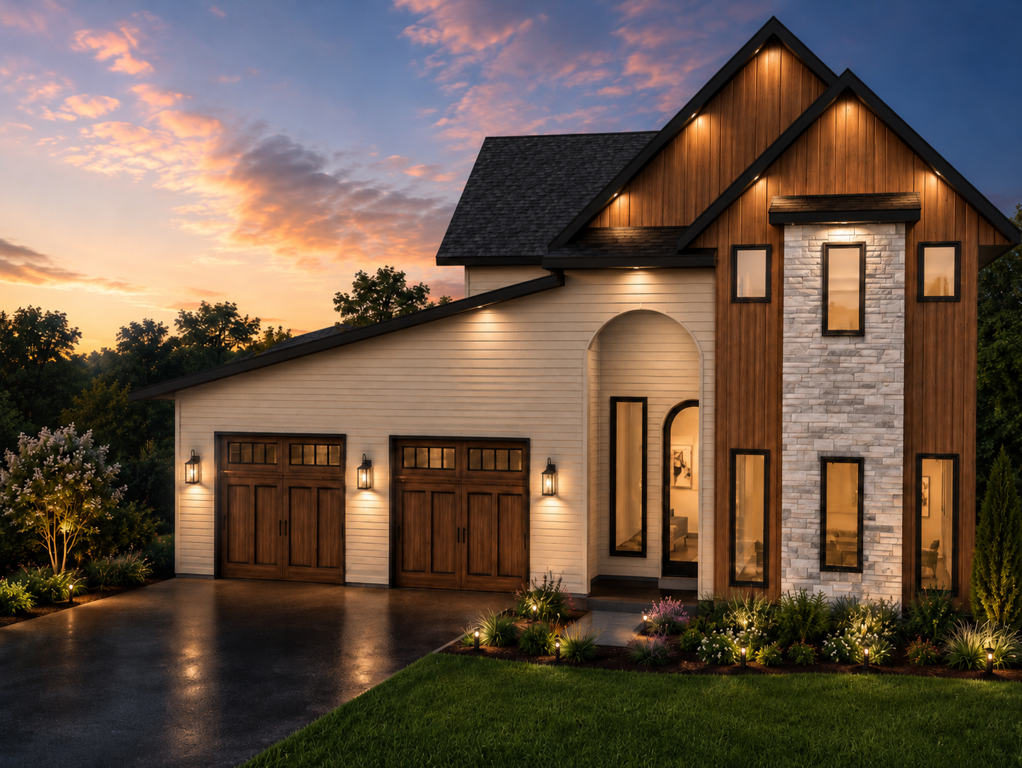 Modern two-story house at sunset with garden and driveway, featuring wood and stone exterior, large windows, and outdoor lighting.
