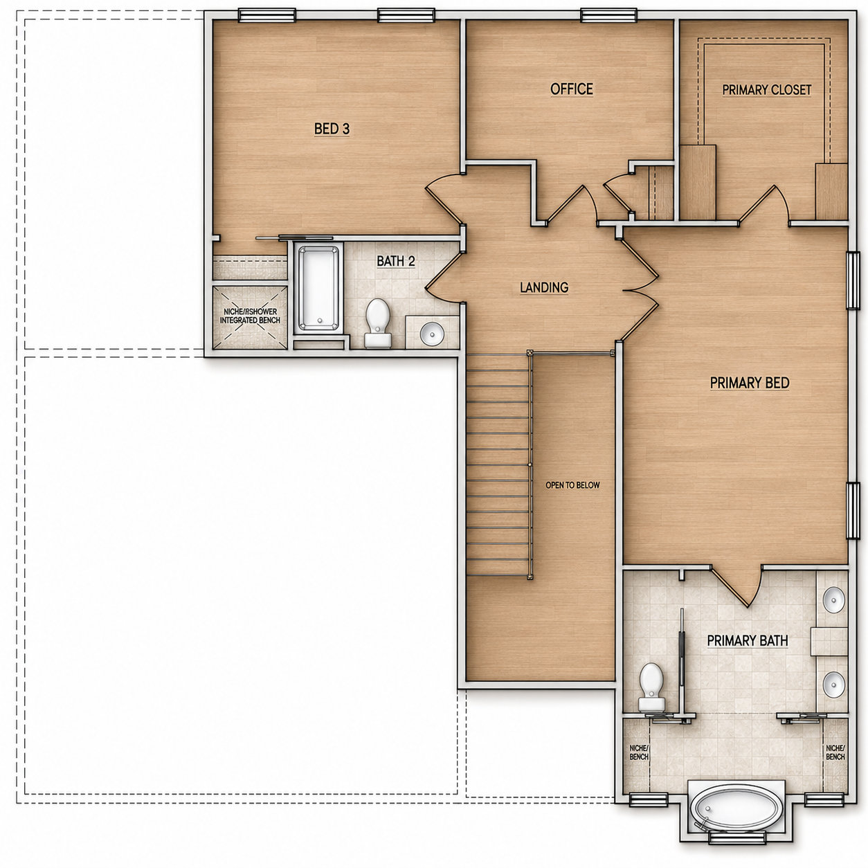Floor plan of a second story with a primary bedroom, primary bathroom, additional bedrooms, office, and bathrooms, with stairs leading down.