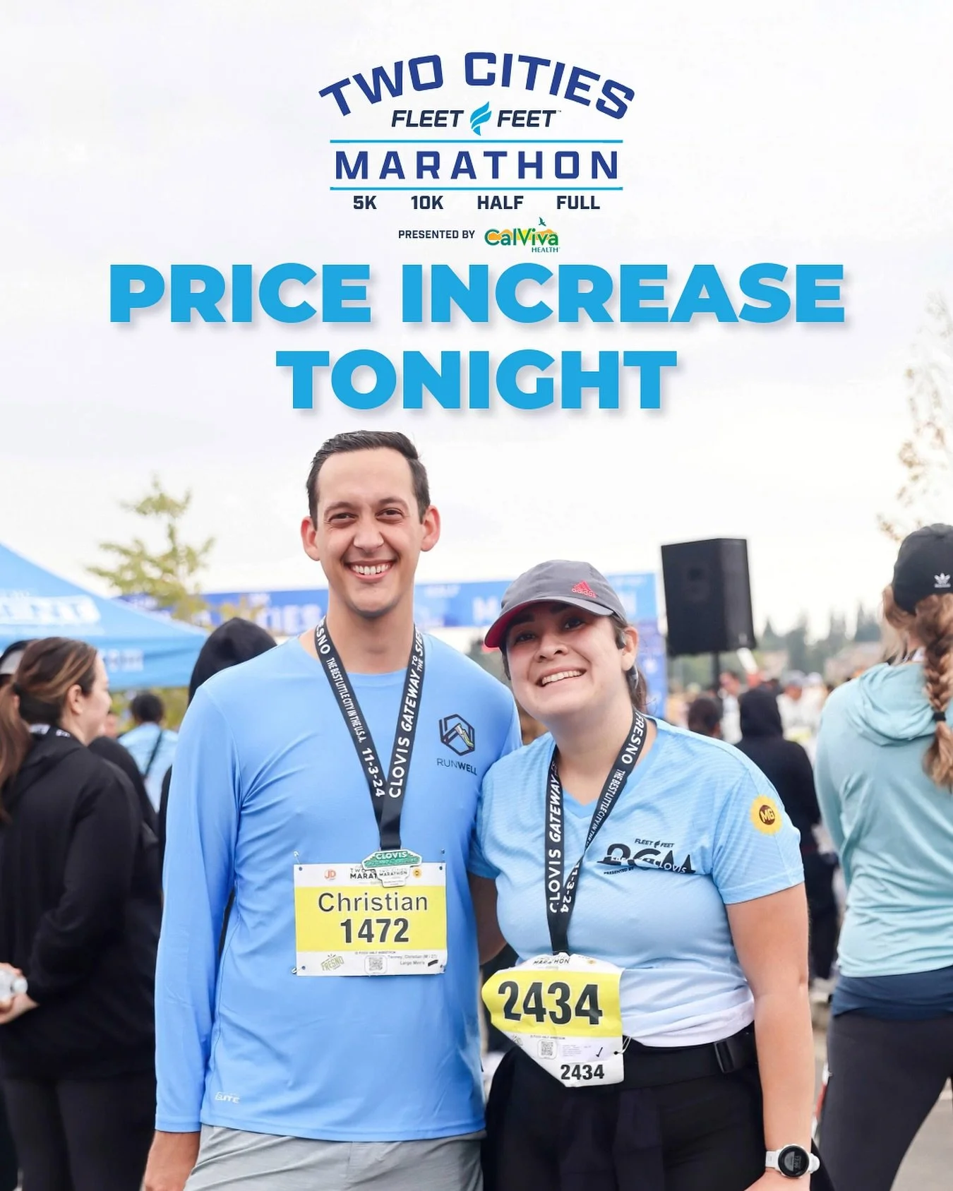 The countdown to race day is on! ⏳

Prices increase TONIGHT at midnight&mdash;lock in your spot for the marathon, half, 10K, or 5K before they go up!
Sign up now at Run2CM.com 🏃&zwj;♀️🏃&zwj;♂️