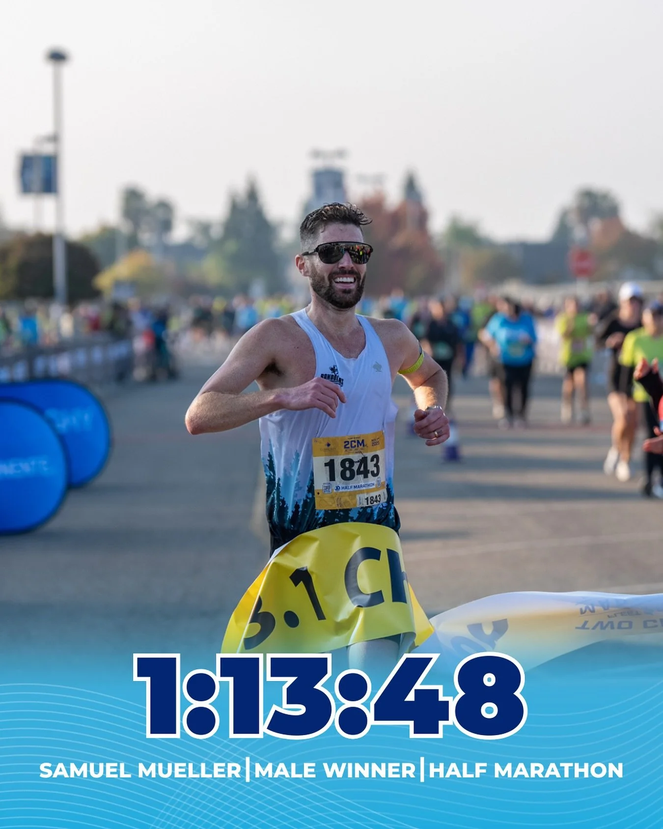 Congratulations to Samuel Mueller, the men&rsquo;s winner of the 2025 Two Cities JD Food Half Marathon, finishing with a time of 1:13:48! 🎉🏅