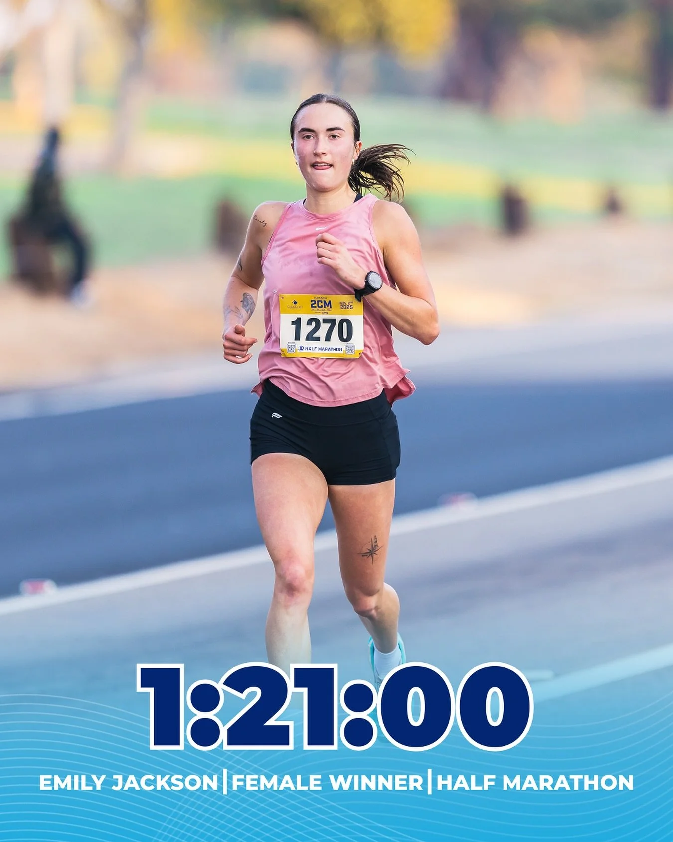 Congratulations to Emily Jackson, the women&rsquo;s winner of the 2025 JD Food Half Marathon, finishing with a time of 1:21:00! 🎉🏅