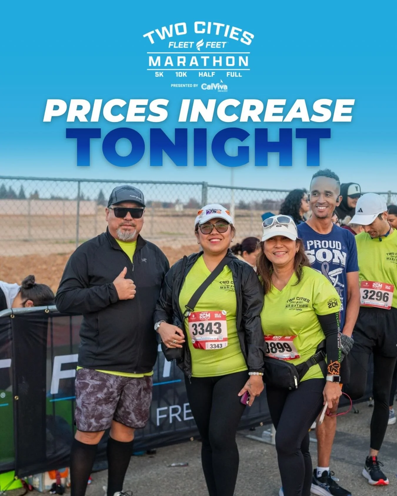 Prices go up TONIGHT at midnight! Our first price increase of the year hits at midnight. Lock in your race day plans now at Run2CM.com
