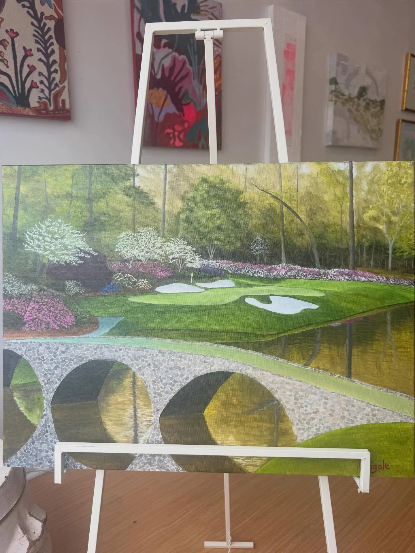 It&rsquo;s about that time y&rsquo;all! Victor Rigole&rsquo;s oil painting of #12, The Golden Bell, on Augusta National has us excited for next week. We will be offering TWO times to come in for a paint and sip next week where I&rsquo;ll be guiding y