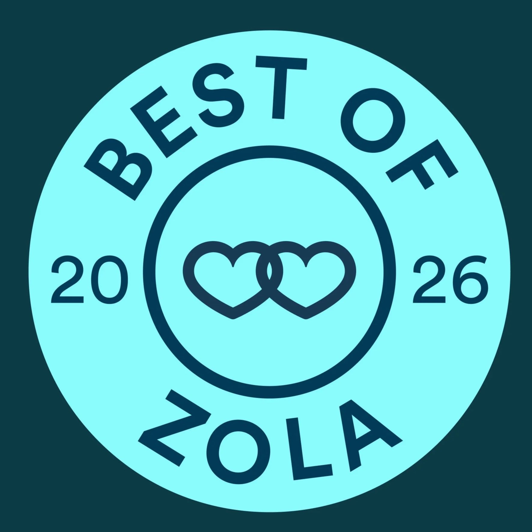 A blue circular badge with 'Best of Zola' and the year 2026 window signs, featuring two intertwined hearts in the center.