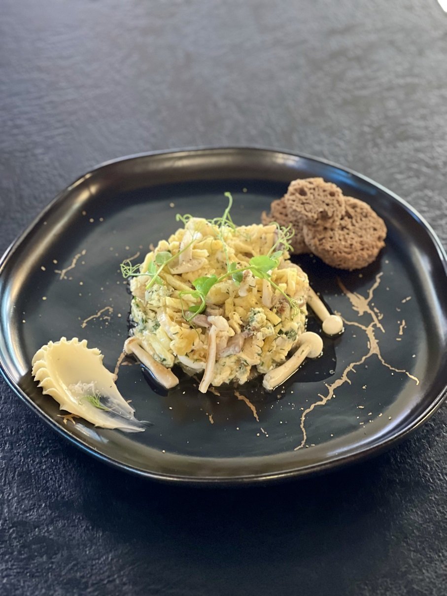 Scrambled Eggs with Autumn Mushrooms, Stewed Leek, and Crispy Potatoes