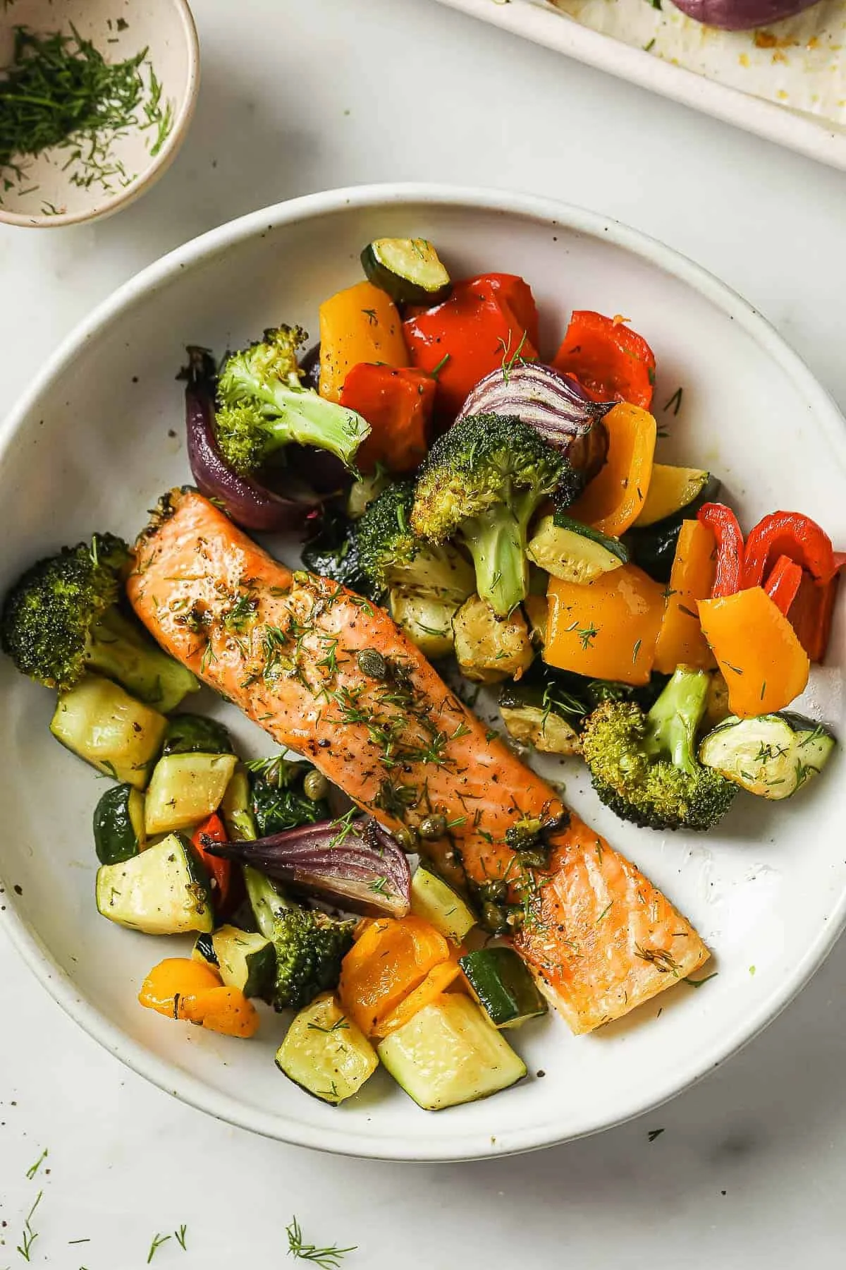 baked salmon with roasted veggies (approx. 430 cal)