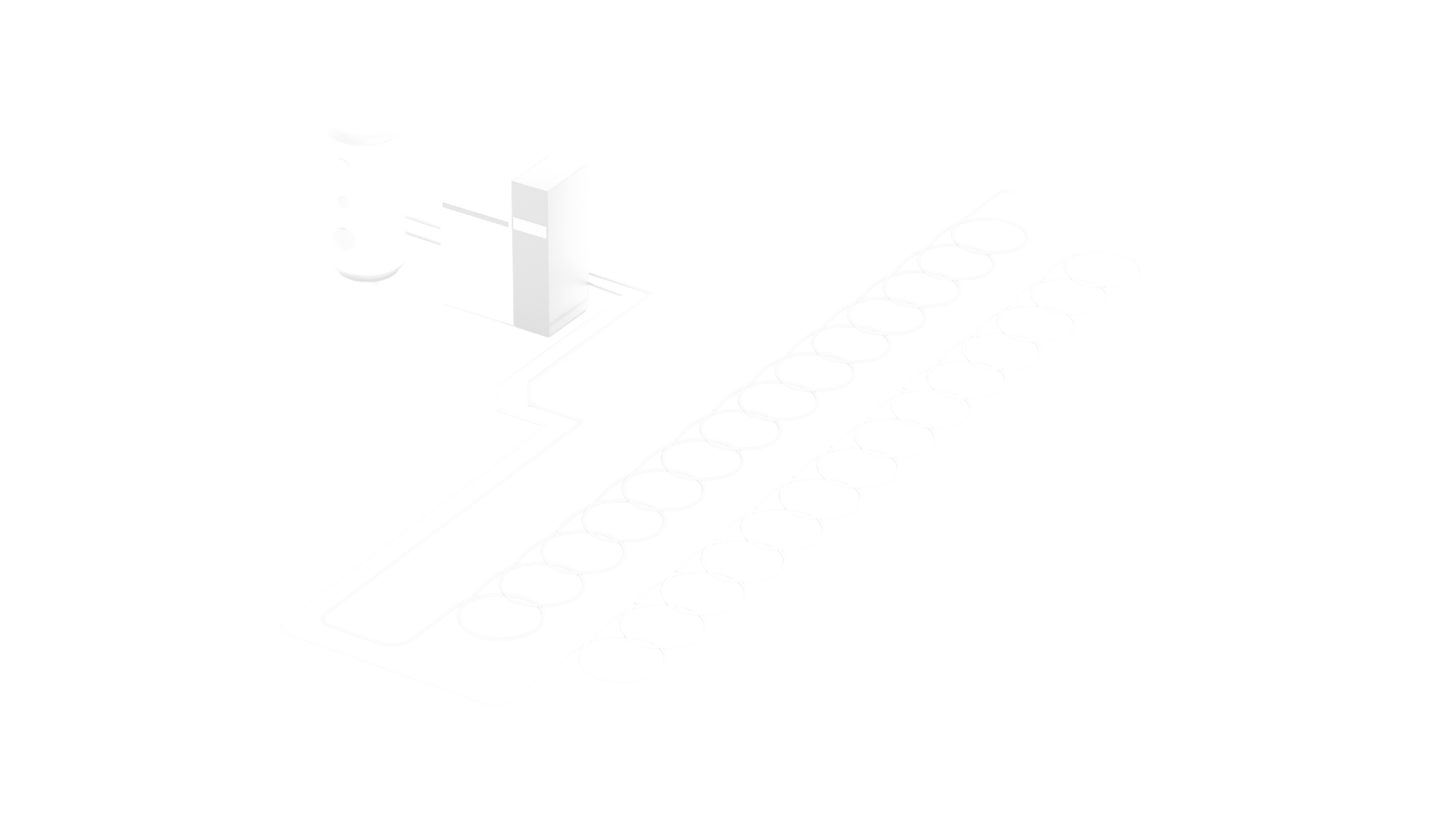 Schéma d'une ligne de production ou de stockage avec plusieurs stations et un espace de préparation ou de maintenance.